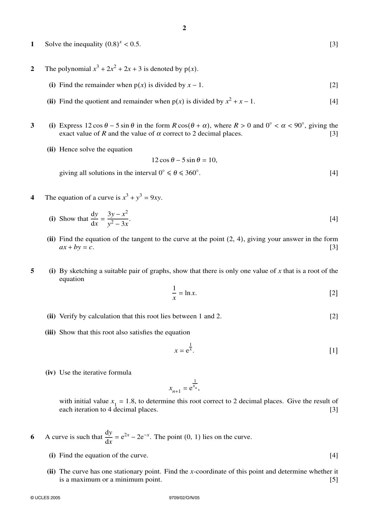 Cambridge A Level Mathematics 9709 2005 Oct/Nov Paper 2 · Variant 1 question paper, page 2 of 4