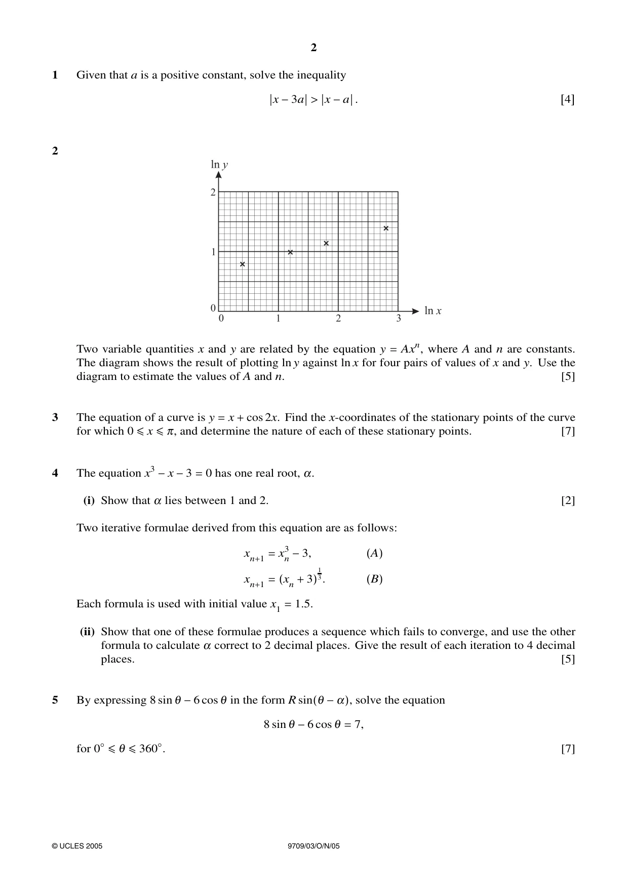 Cambridge A Level Mathematics 9709 2005 Oct/Nov Paper 3 · Variant 1 question paper, page 2 of 4