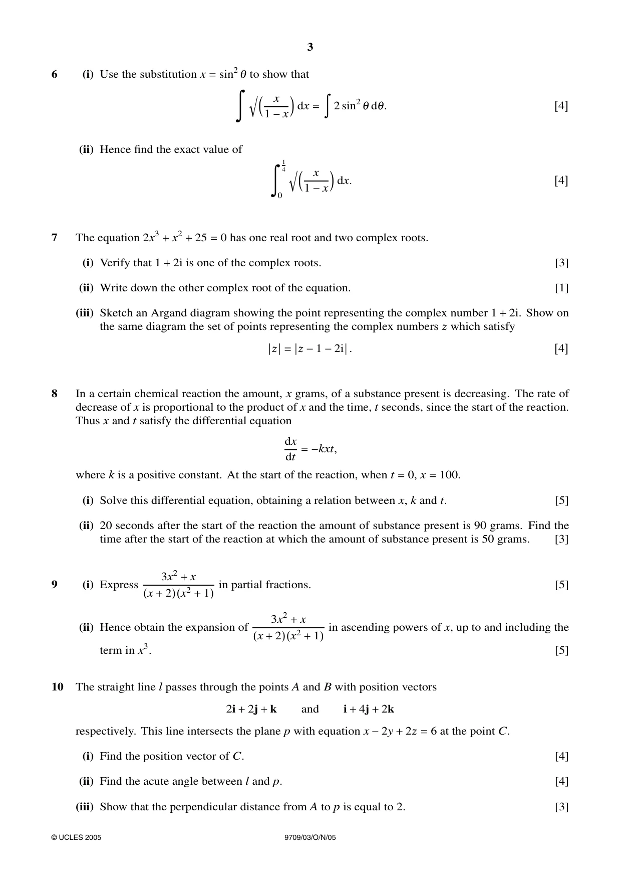 Cambridge A Level Mathematics 9709 2005 Oct/Nov Paper 3 · Variant 1 question paper, page 3 of 4