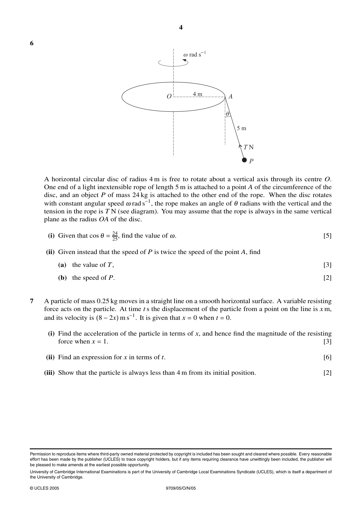Cambridge A Level Mathematics 9709 2005 Oct/Nov Paper 5 · Variant 1 question paper, page 4 of 4