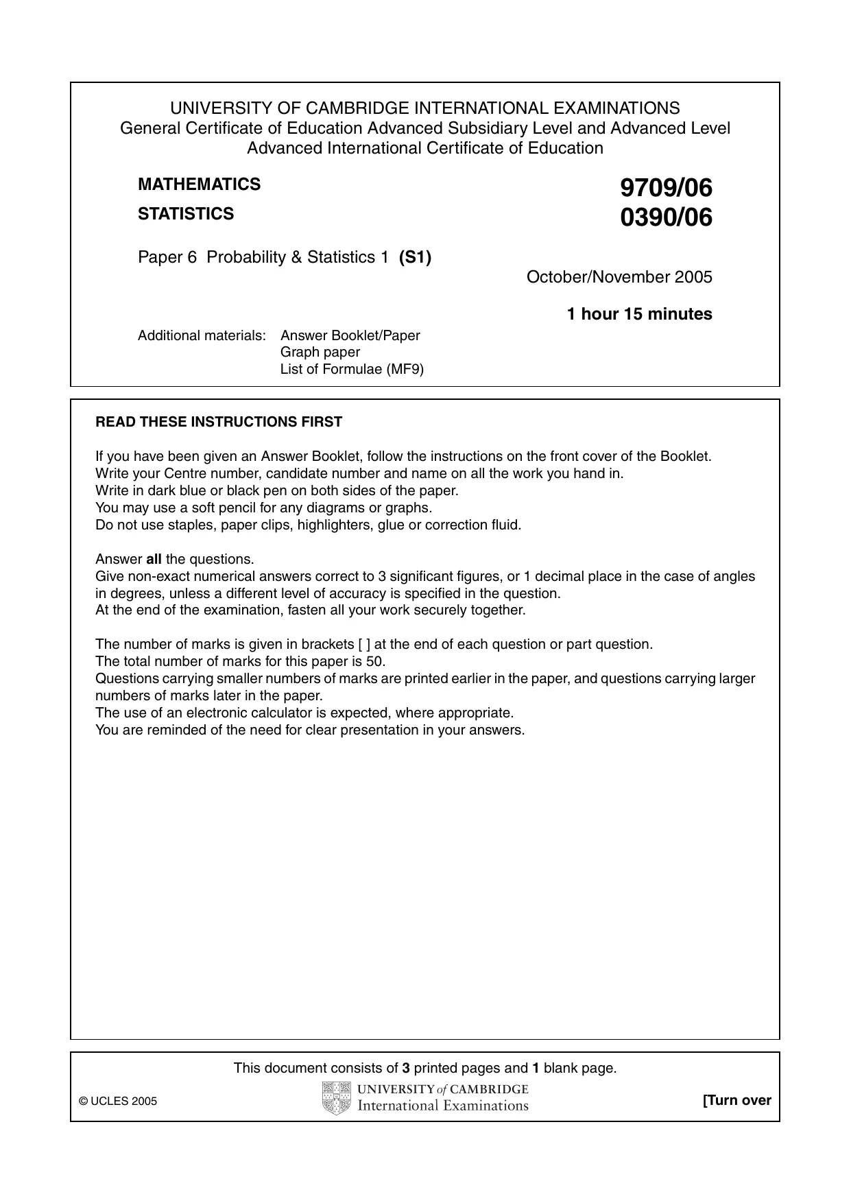 Cambridge A Level Mathematics 9709 2005 Oct/Nov Paper 6 · Variant 1 question paper, page 1 of 4