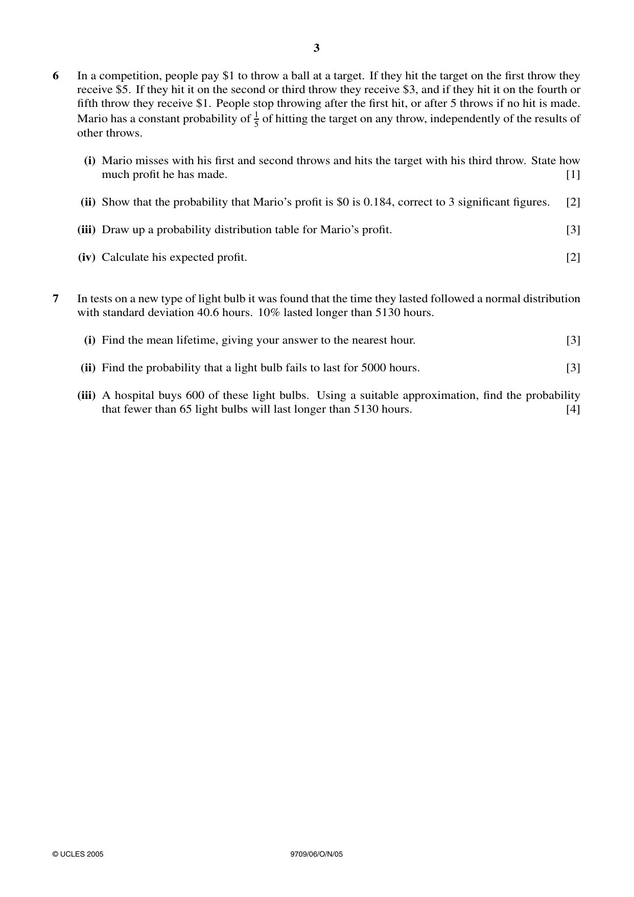 Cambridge A Level Mathematics 9709 2005 Oct/Nov Paper 6 · Variant 1 question paper, page 3 of 4