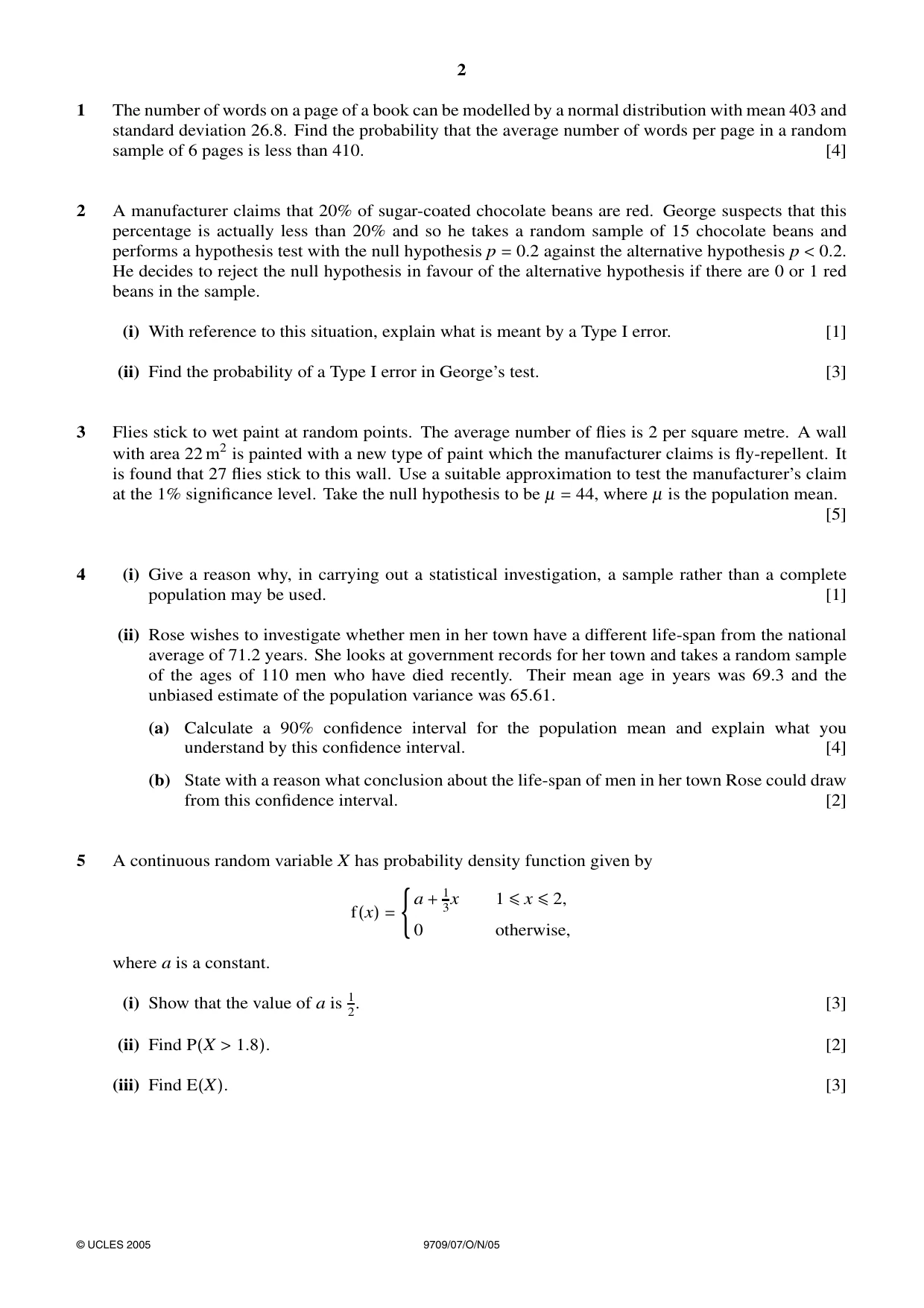 Cambridge A Level Mathematics 9709 2005 Oct/Nov Paper 7 · Variant 1 question paper, page 2 of 4