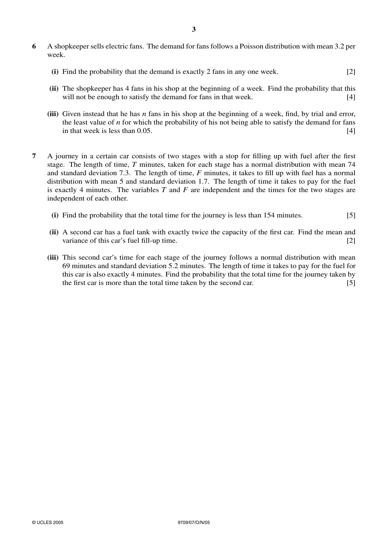 Cambridge A Level Mathematics 9709 2005 Oct/Nov Paper 7 · Variant 1 question paper, page 3 of 4