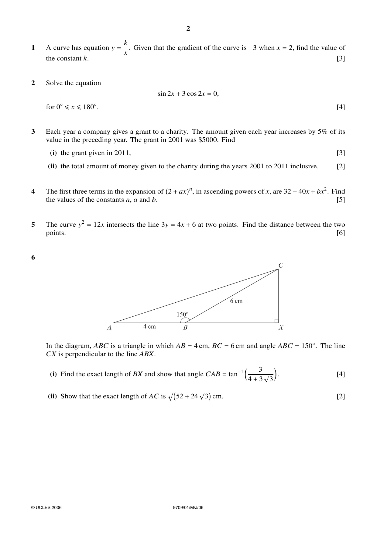 Cambridge A Level Mathematics 9709 2006 May/June Paper 1 · Variant 1 question paper, page 2 of 4