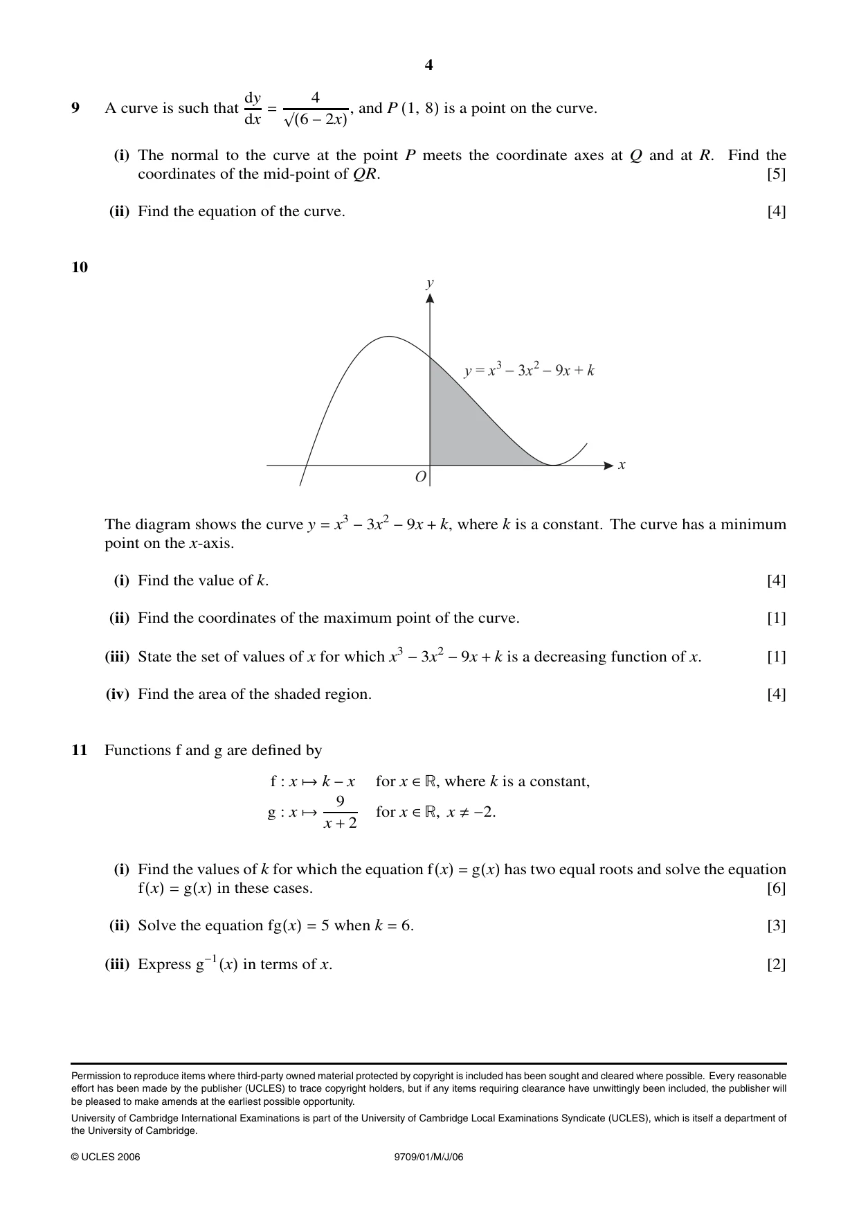 Cambridge A Level Mathematics 9709 2006 May/June Paper 1 · Variant 1 question paper, page 4 of 4