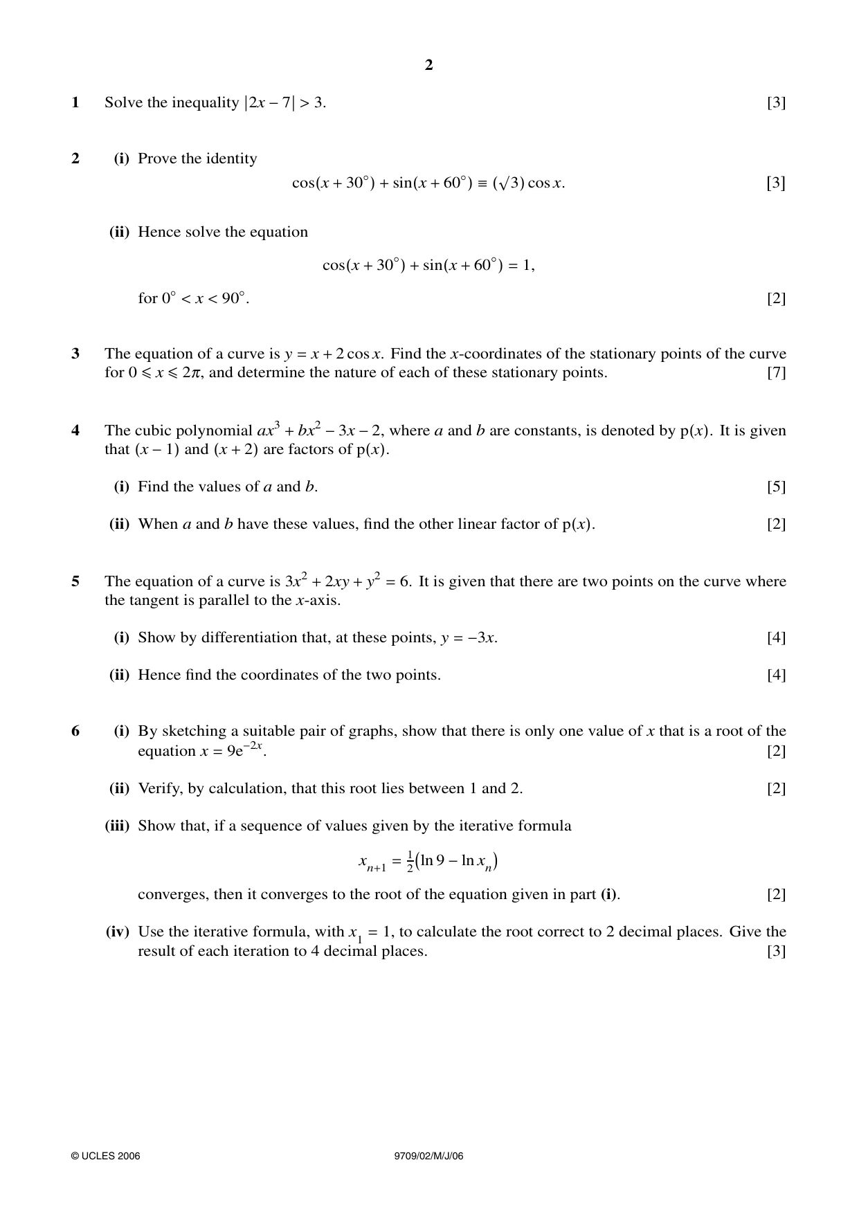 Cambridge A Level Mathematics 9709 2006 May/June Paper 2 · Variant 1 question paper, page 2 of 4
