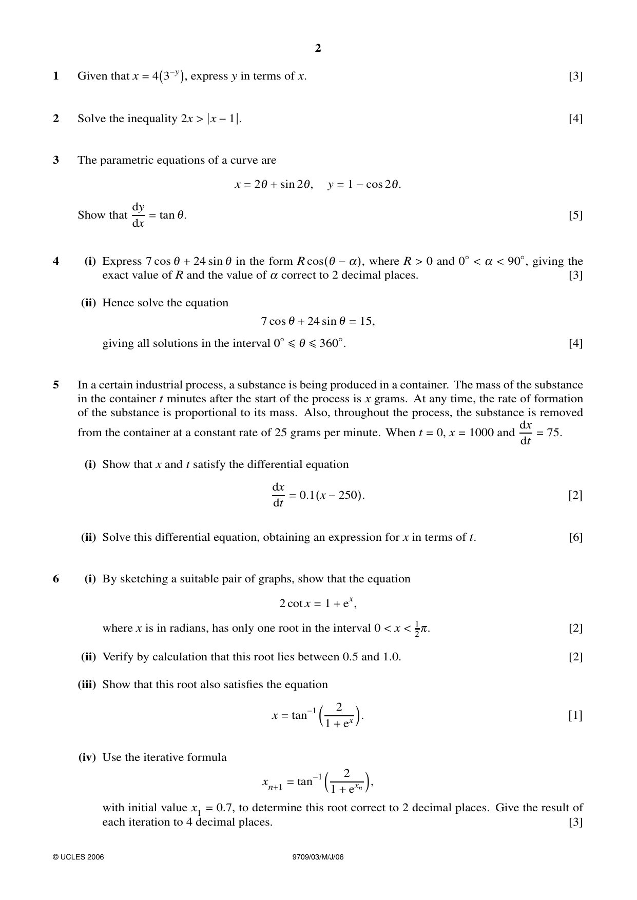 Cambridge A Level Mathematics 9709 2006 May/June Paper 3 · Variant 1 question paper, page 2 of 4