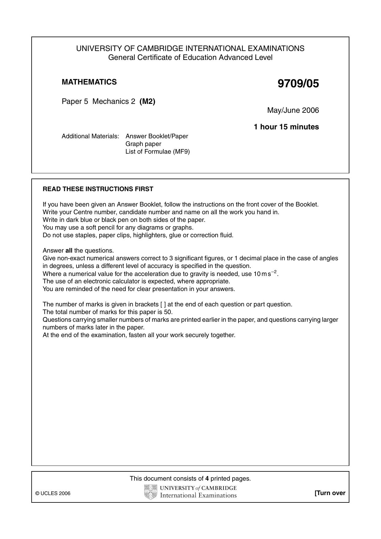 Cambridge A Level Mathematics 9709 2006 May/June Paper 5 · Variant 1 question paper, page 1 of 4