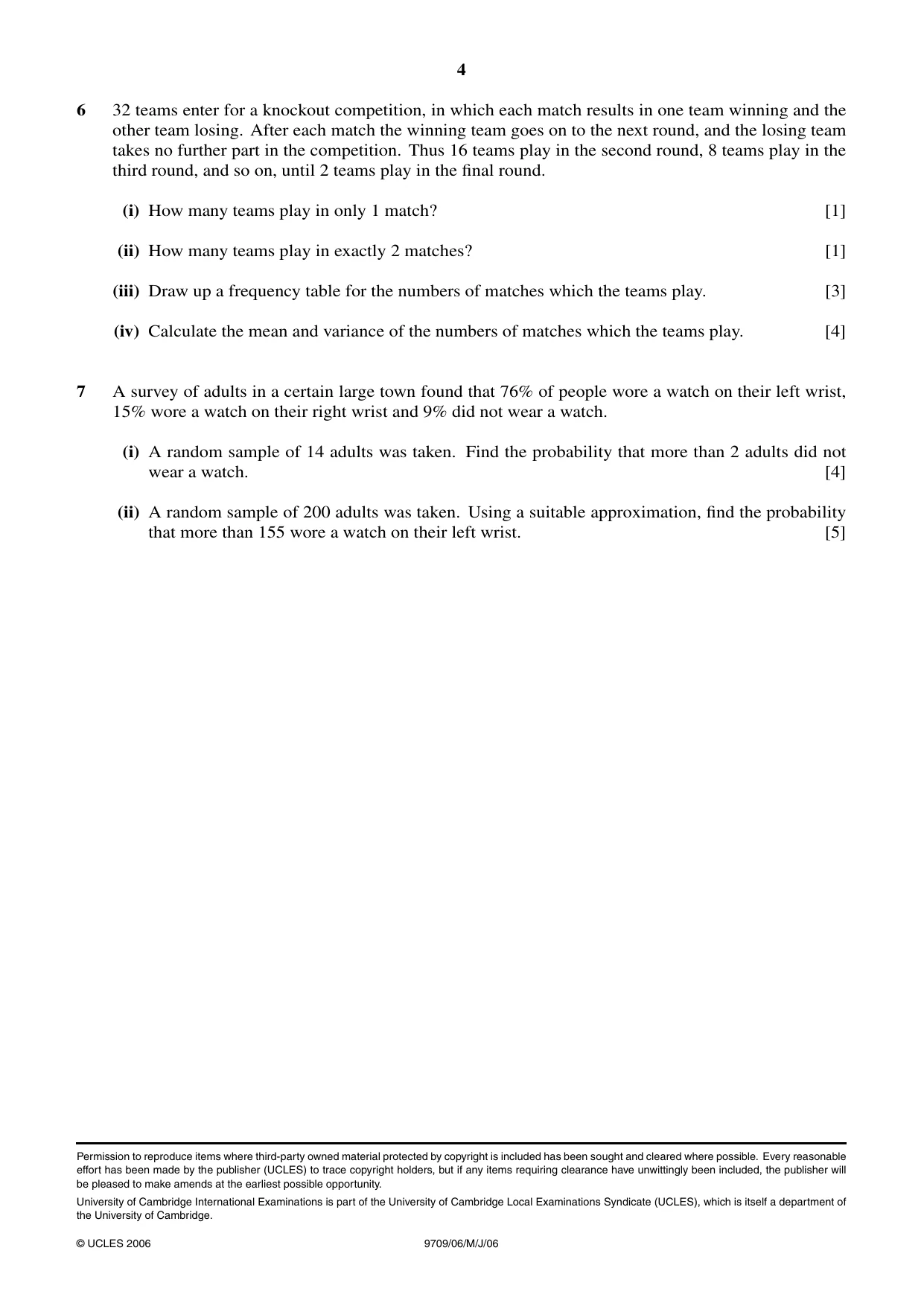 Cambridge A Level Mathematics 9709 2006 May/June Paper 6 · Variant 1 question paper, page 4 of 4