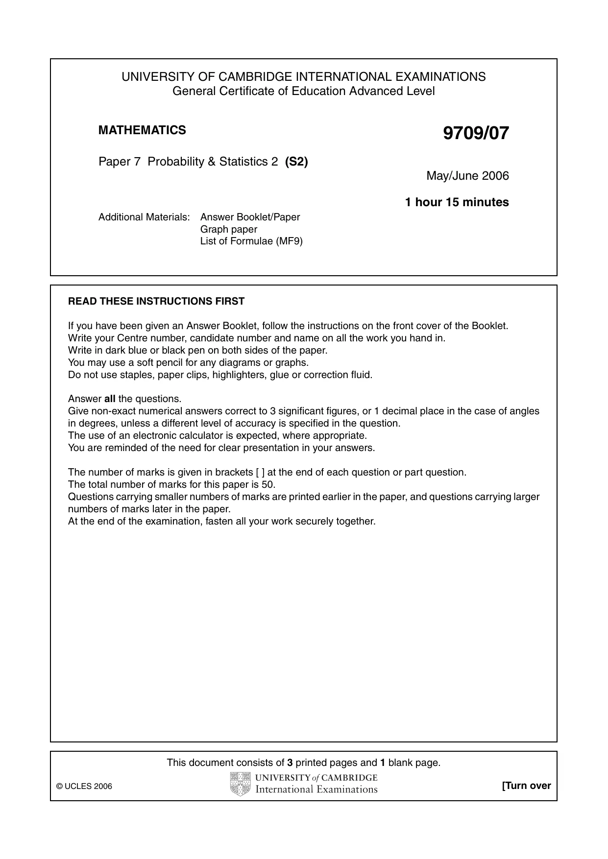 Cambridge A Level Mathematics 9709 2006 May/June Paper 7 · Variant 1 question paper, page 1 of 4