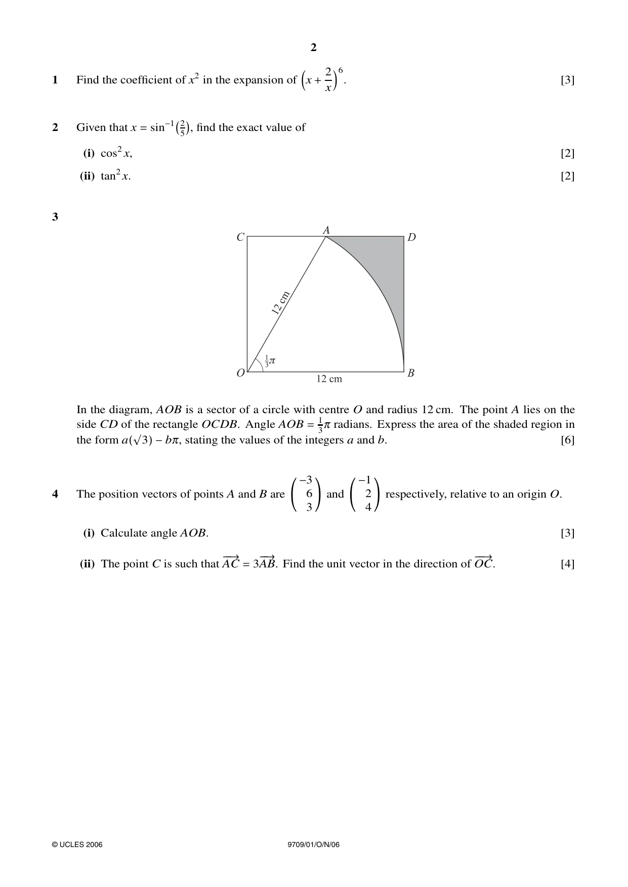 Cambridge A Level Mathematics 9709 2006 Oct/Nov Paper 1 · Variant 1 question paper, page 2 of 4
