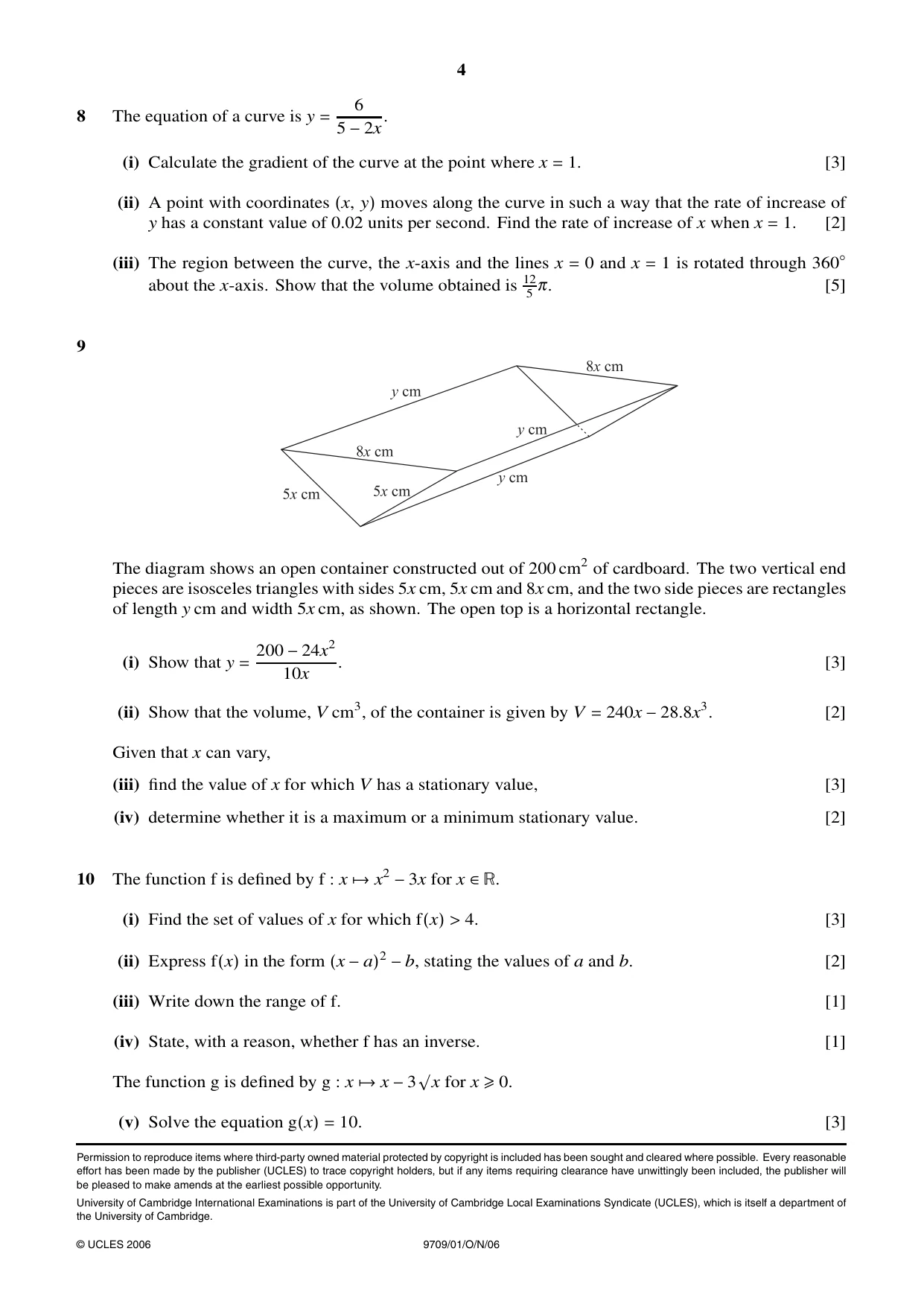 Cambridge A Level Mathematics 9709 2006 Oct/Nov Paper 1 · Variant 1 question paper, page 4 of 4
