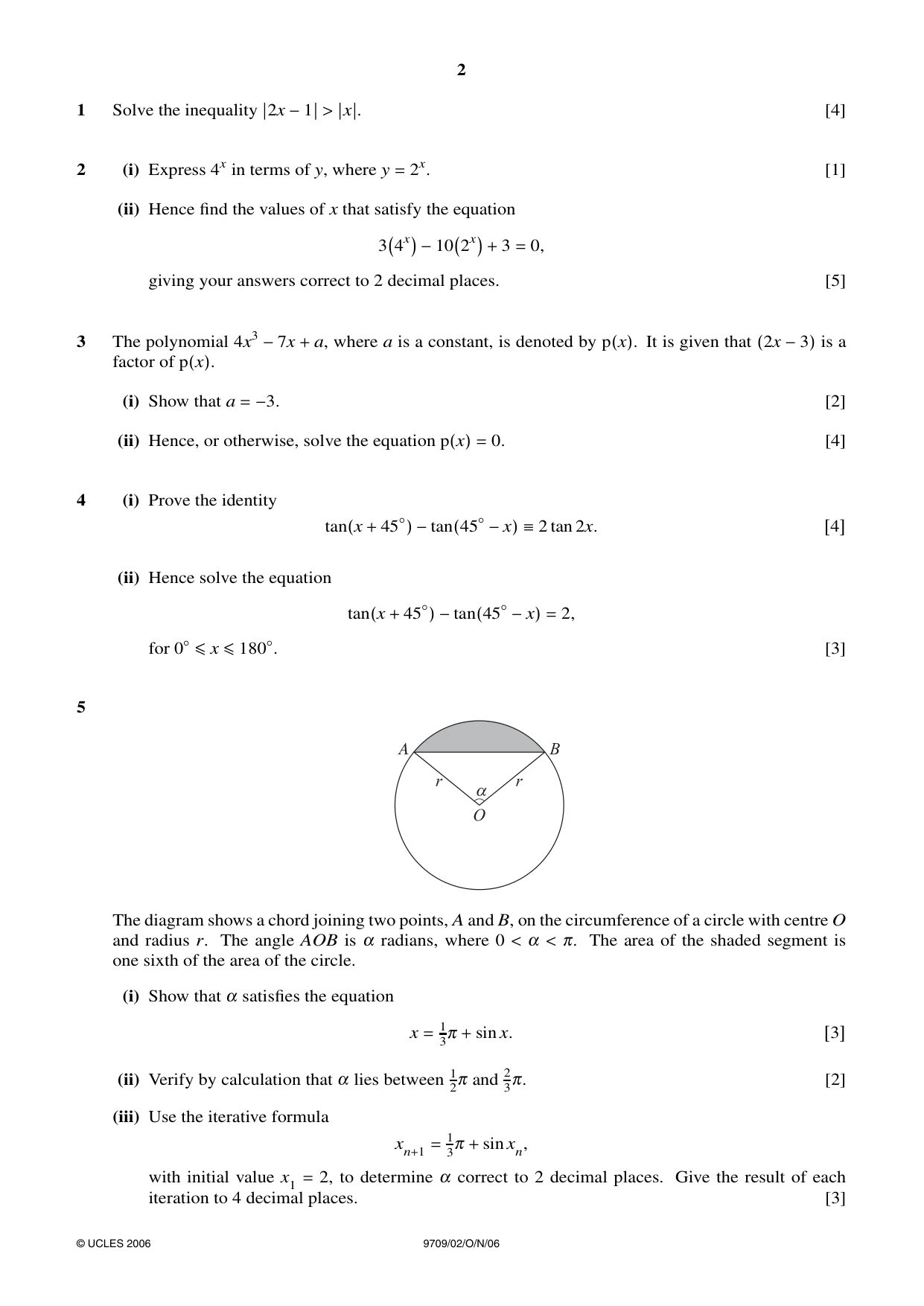 Cambridge A Level Mathematics 9709 2006 Oct/Nov Paper 2 · Variant 1 question paper, page 2 of 4