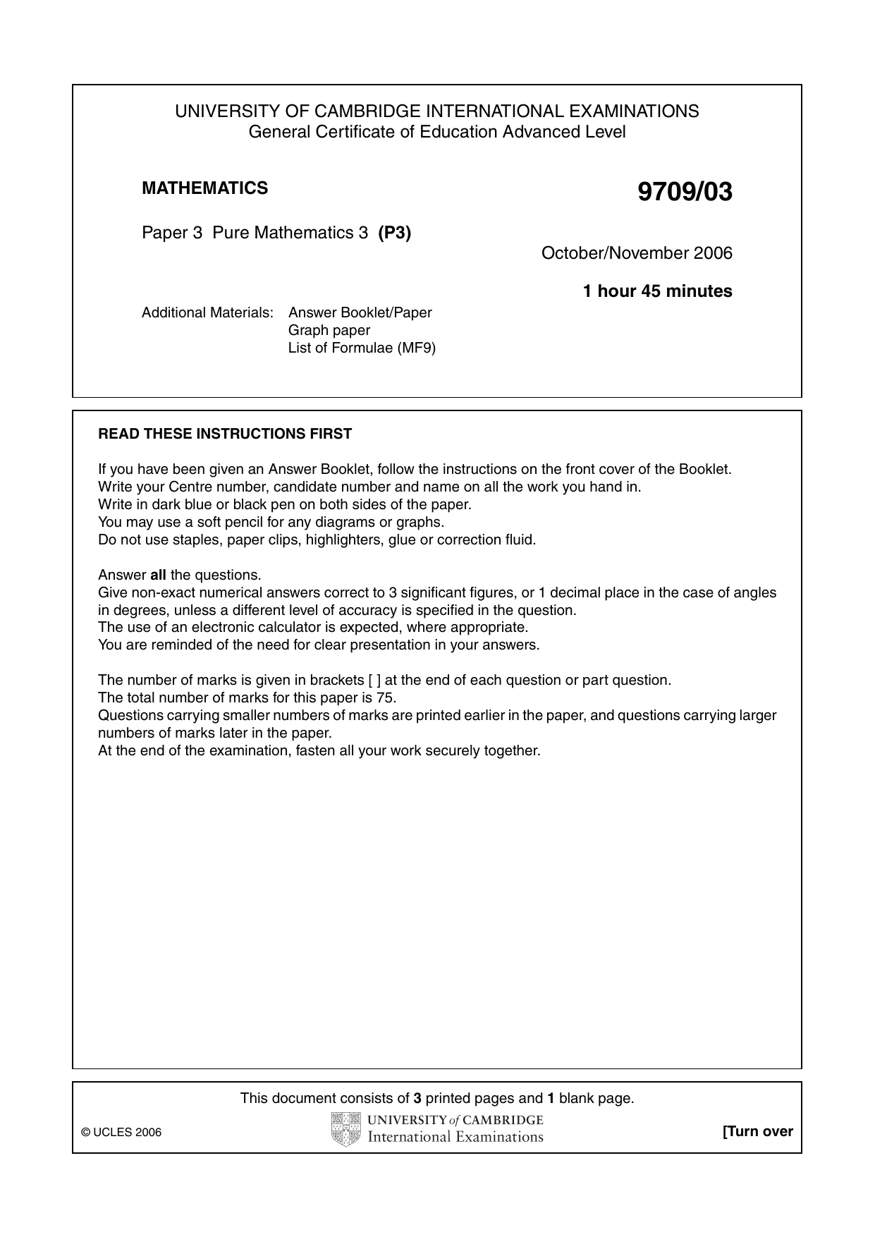 Cambridge A Level Mathematics 9709 2006 Oct/Nov Paper 3 · Variant 1 question paper, page 1 of 4