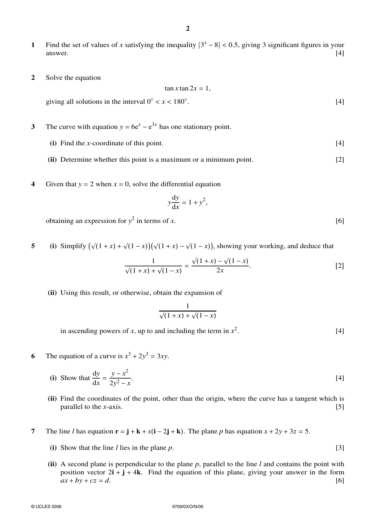 Cambridge A Level Mathematics 9709 2006 Oct/Nov Paper 3 · Variant 1 question paper, page 2 of 4