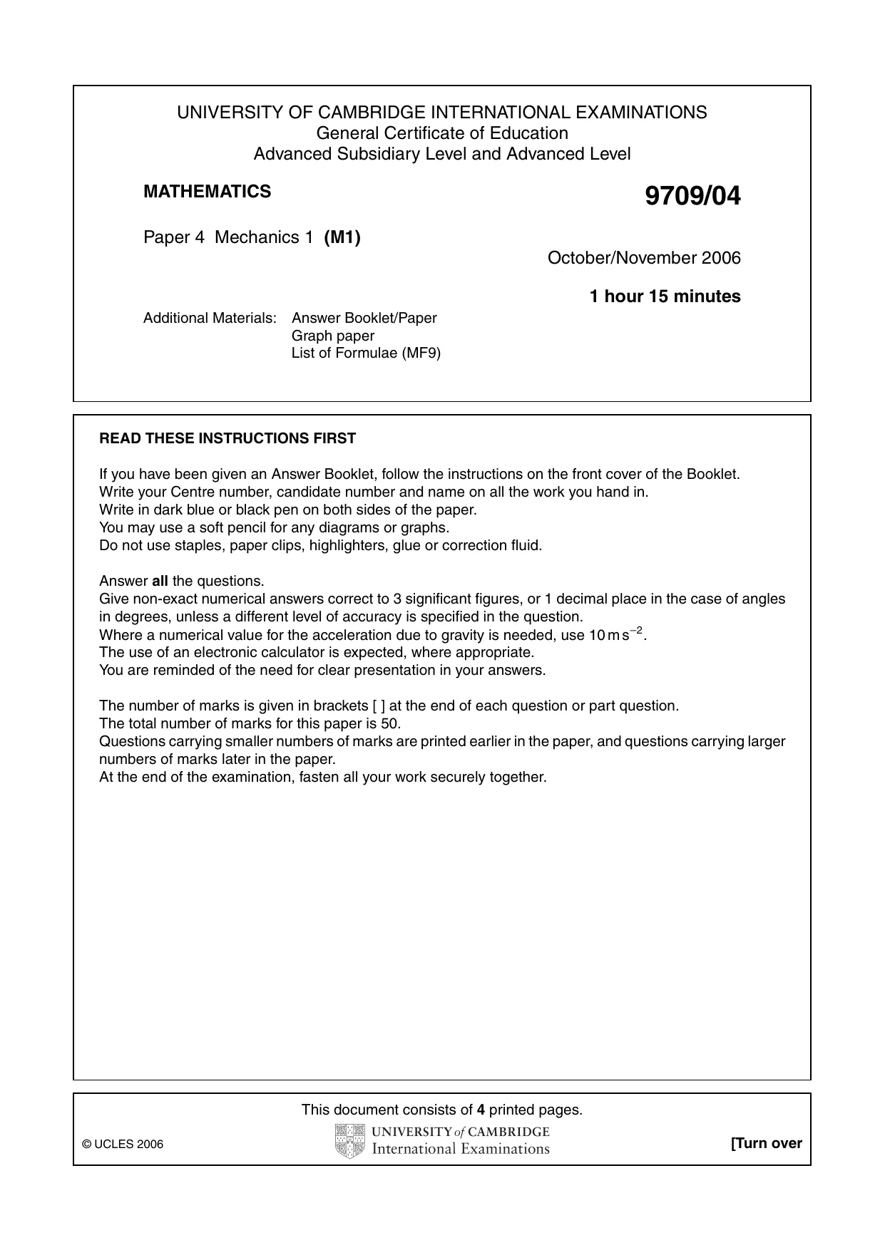 Cambridge A Level Mathematics 9709 2006 Oct/Nov Paper 4 · Variant 1 question paper, page 1 of 4