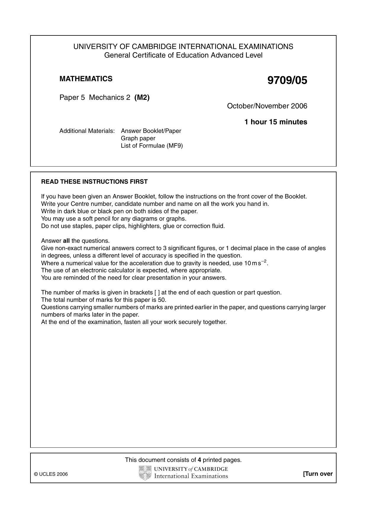 Cambridge A Level Mathematics 9709 2006 Oct/Nov Paper 5 · Variant 1 question paper, page 1 of 4