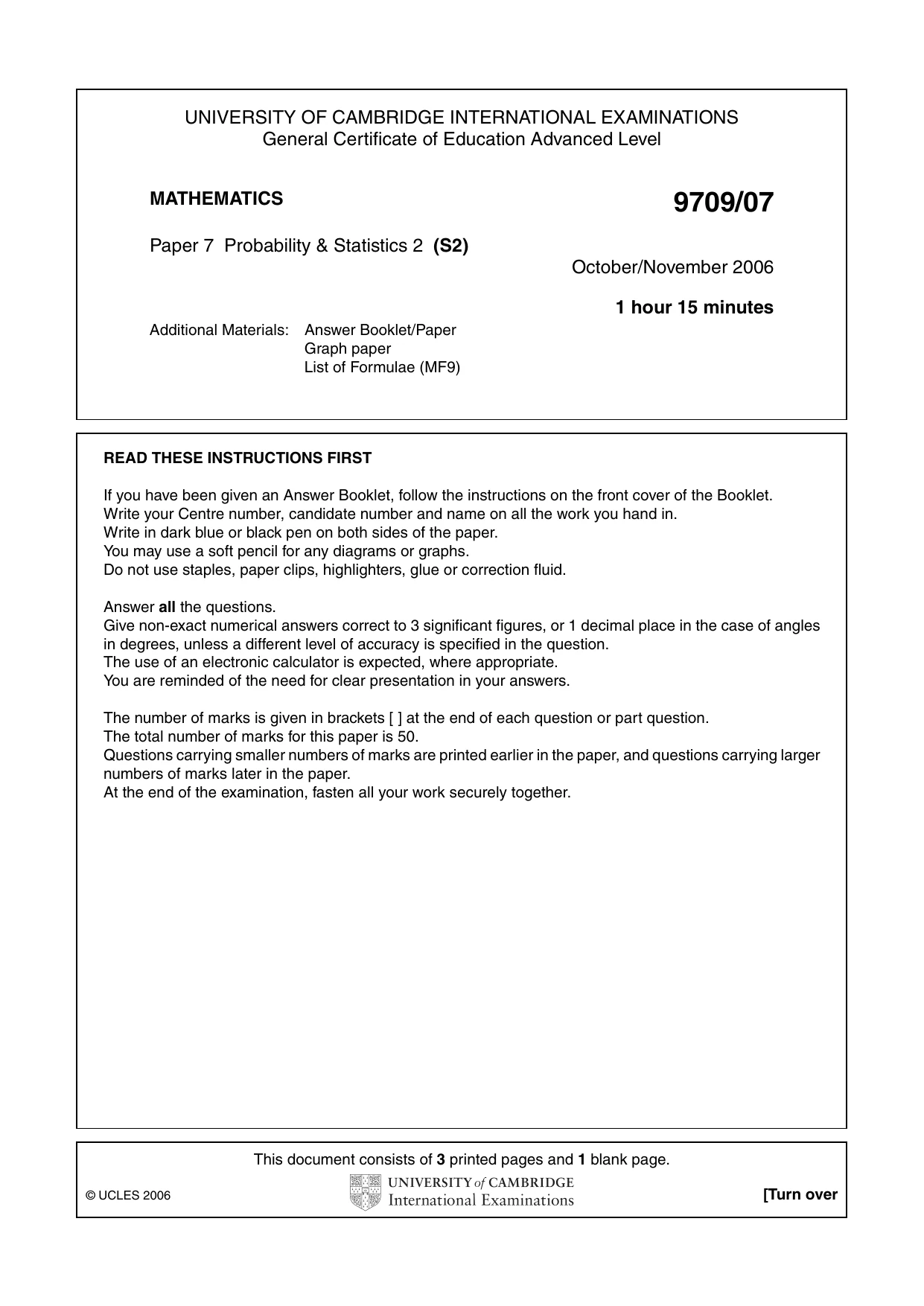 Cambridge A Level Mathematics 9709 2006 Oct/Nov Paper 7 · Variant 1 question paper, page 1 of 4