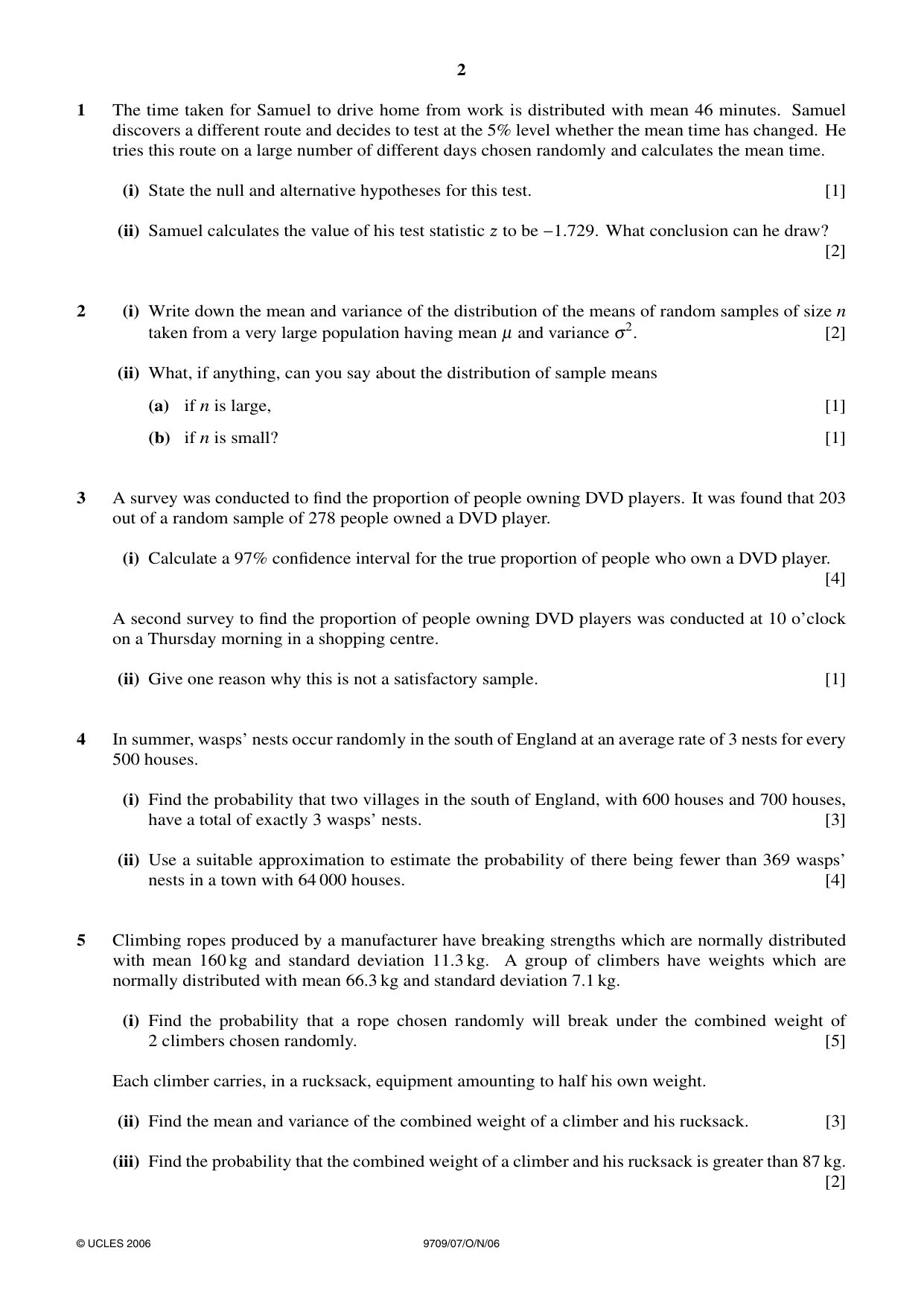Cambridge A Level Mathematics 9709 2006 Oct/Nov Paper 7 · Variant 1 question paper, page 2 of 4