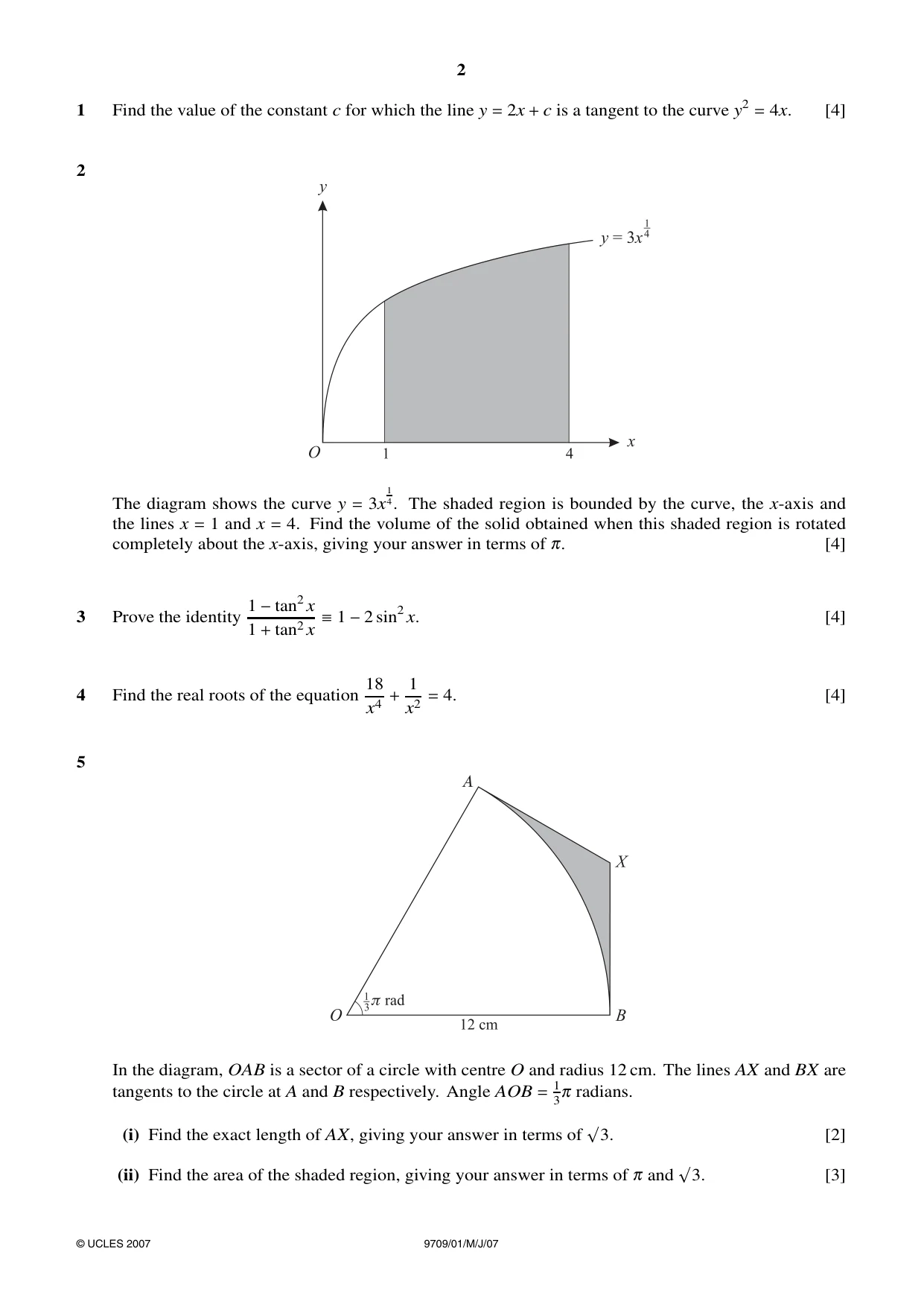 Cambridge A Level Mathematics 9709 2007 May/June Paper 1 · Variant 1 question paper, page 2 of 4