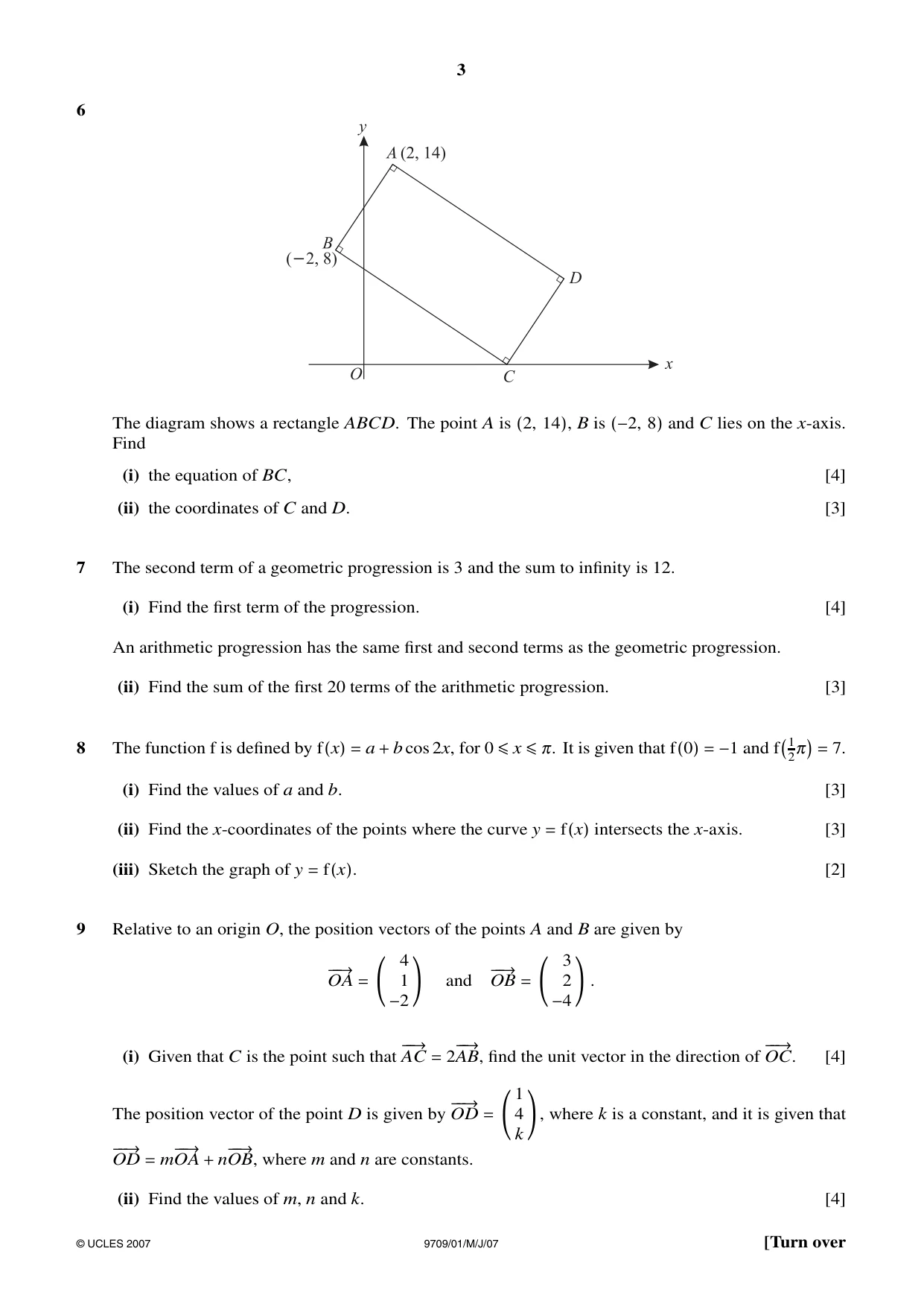 Cambridge A Level Mathematics 9709 2007 May/June Paper 1 · Variant 1 question paper, page 3 of 4