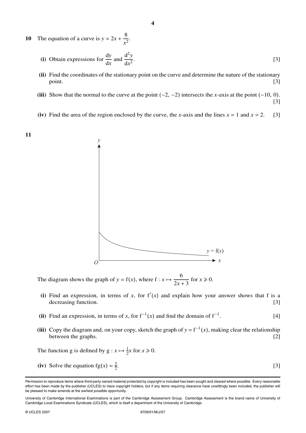 Cambridge A Level Mathematics 9709 2007 May/June Paper 1 · Variant 1 question paper, page 4 of 4