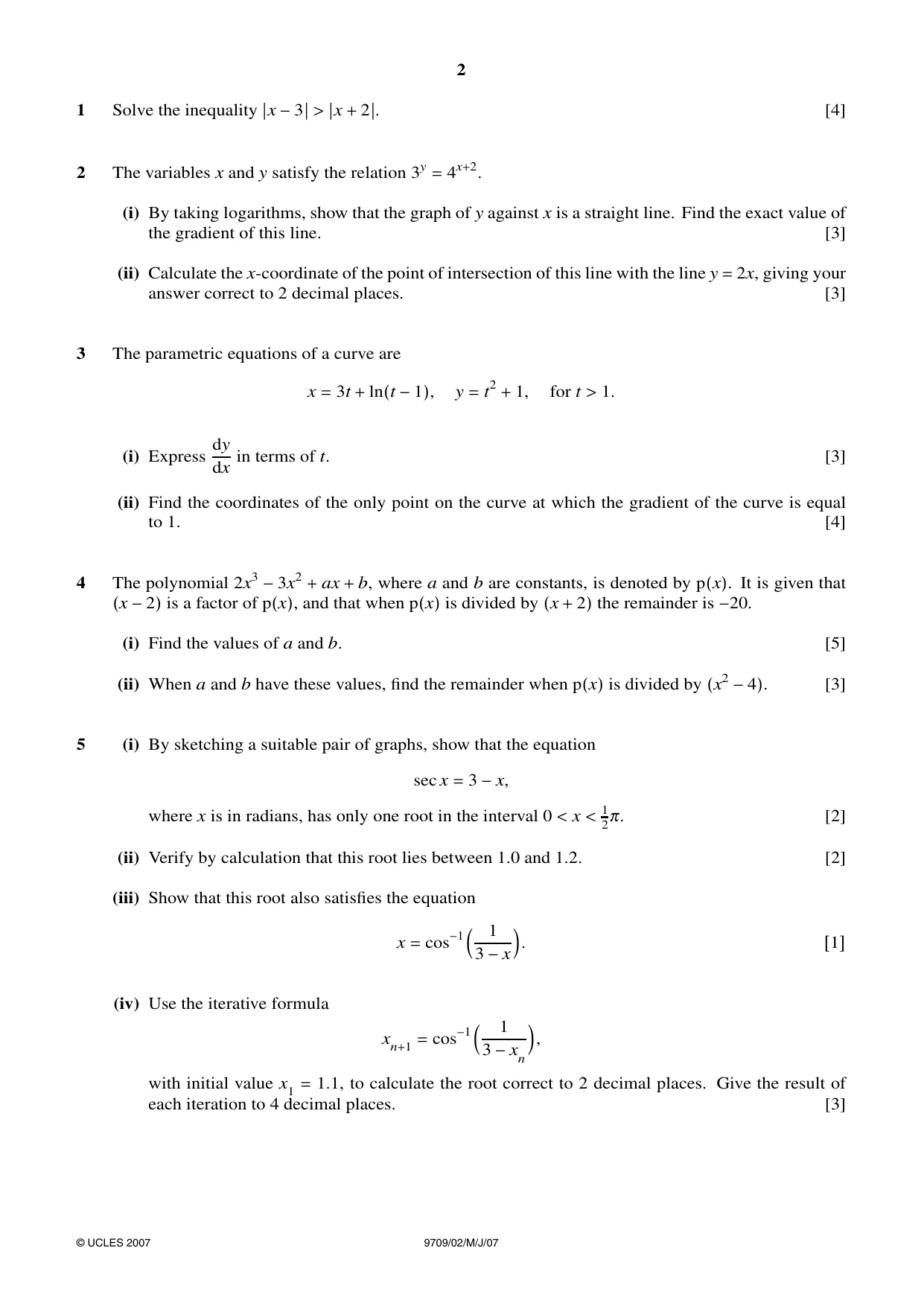 Cambridge A Level Mathematics 9709 2007 May/June Paper 2 · Variant 1 question paper, page 2 of 4