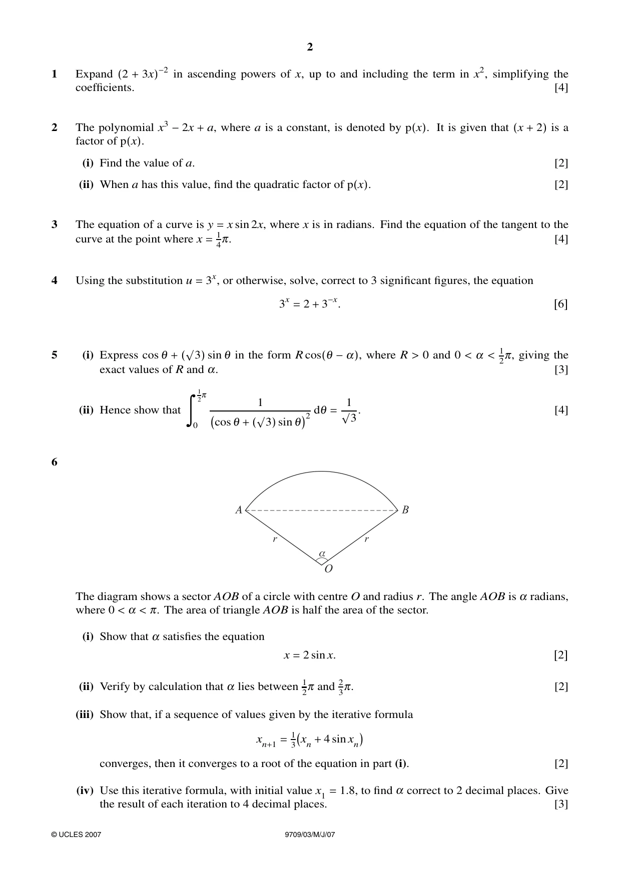 Cambridge A Level Mathematics 9709 2007 May/June Paper 3 · Variant 1 question paper, page 2 of 4