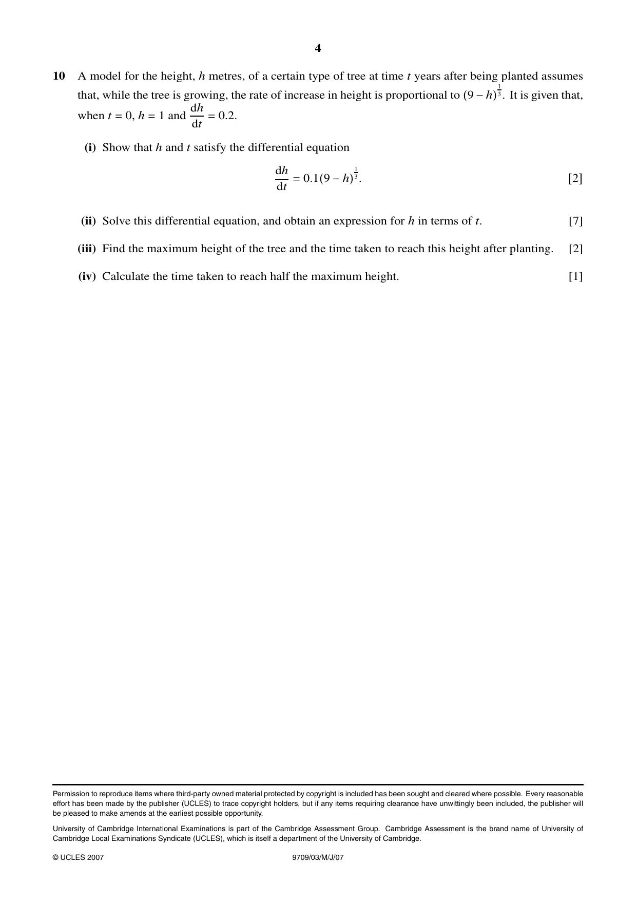 Cambridge A Level Mathematics 9709 2007 May/June Paper 3 · Variant 1 question paper, page 4 of 4