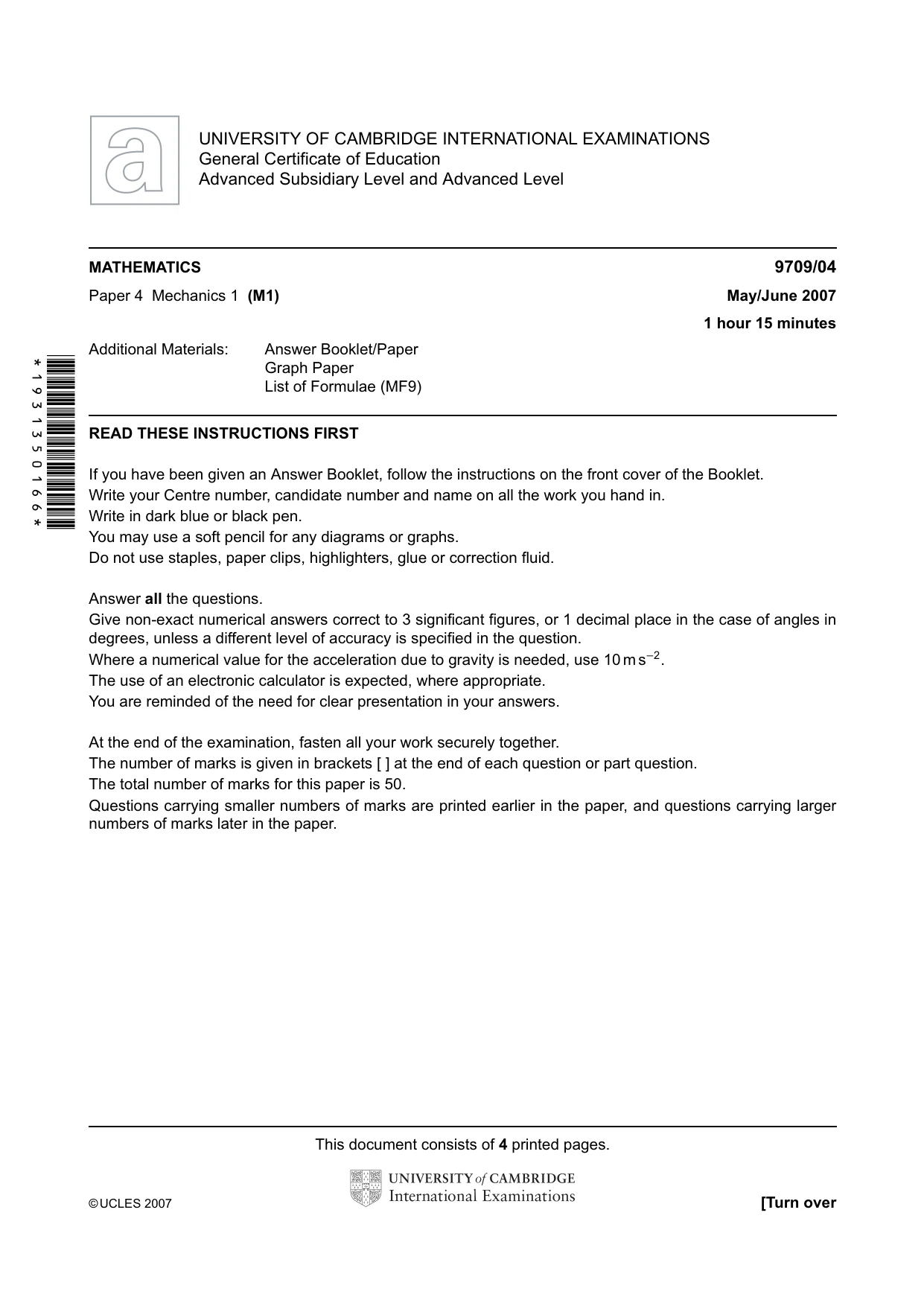 Cambridge A Level Mathematics 9709 2007 May/June Paper 4 · Variant 1 question paper, page 1 of 4