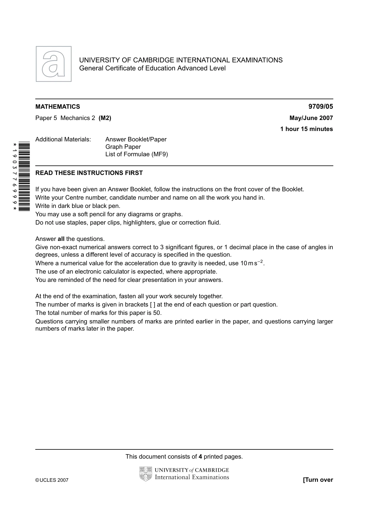 Cambridge A Level Mathematics 9709 2007 May/June Paper 5 · Variant 1 question paper, page 1 of 4
