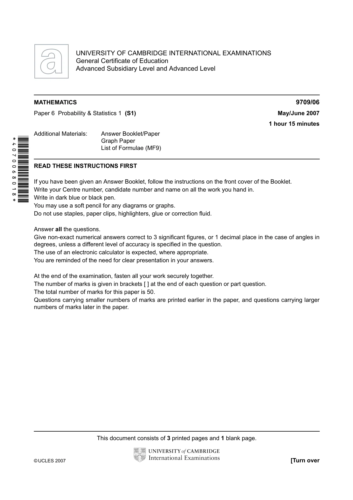 Cambridge A Level Mathematics 9709 2007 May/June Paper 6 · Variant 1 question paper, page 1 of 4