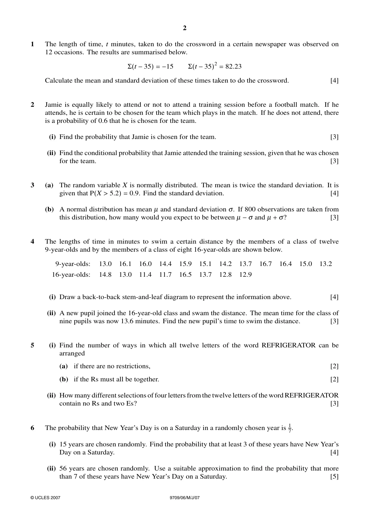 Cambridge A Level Mathematics 9709 2007 May/June Paper 6 · Variant 1 question paper, page 2 of 4