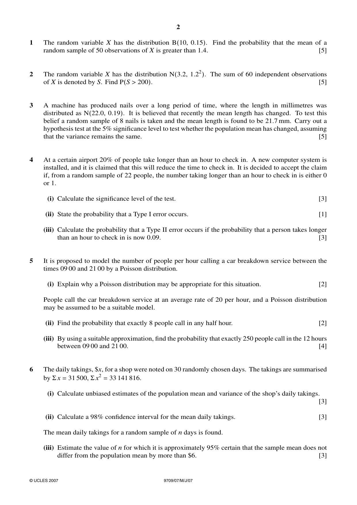 Cambridge A Level Mathematics 9709 2007 May/June Paper 7 · Variant 1 question paper, page 2 of 4