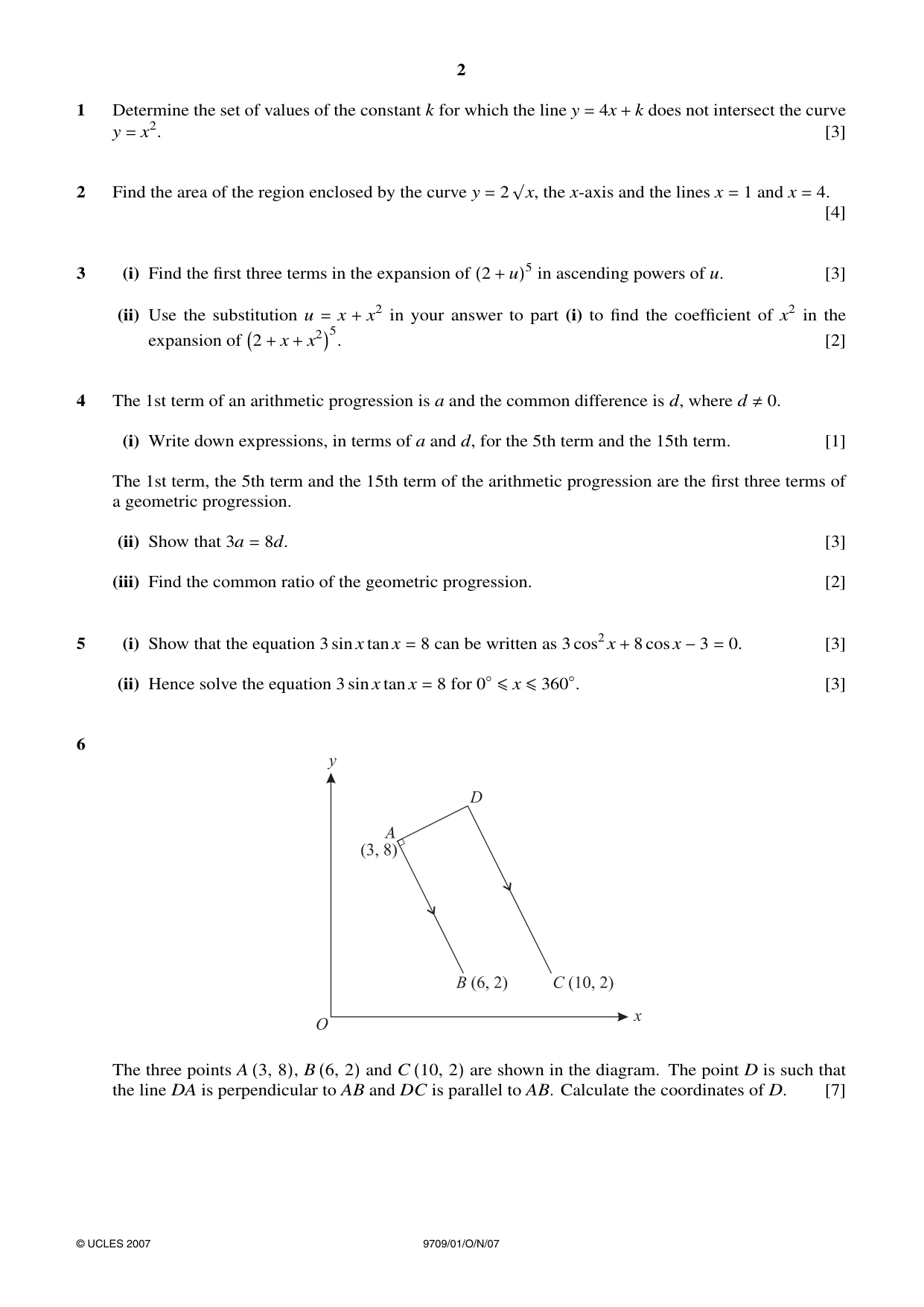 Cambridge A Level Mathematics 9709 2007 Oct/Nov Paper 1 · Variant 1 question paper, page 2 of 4