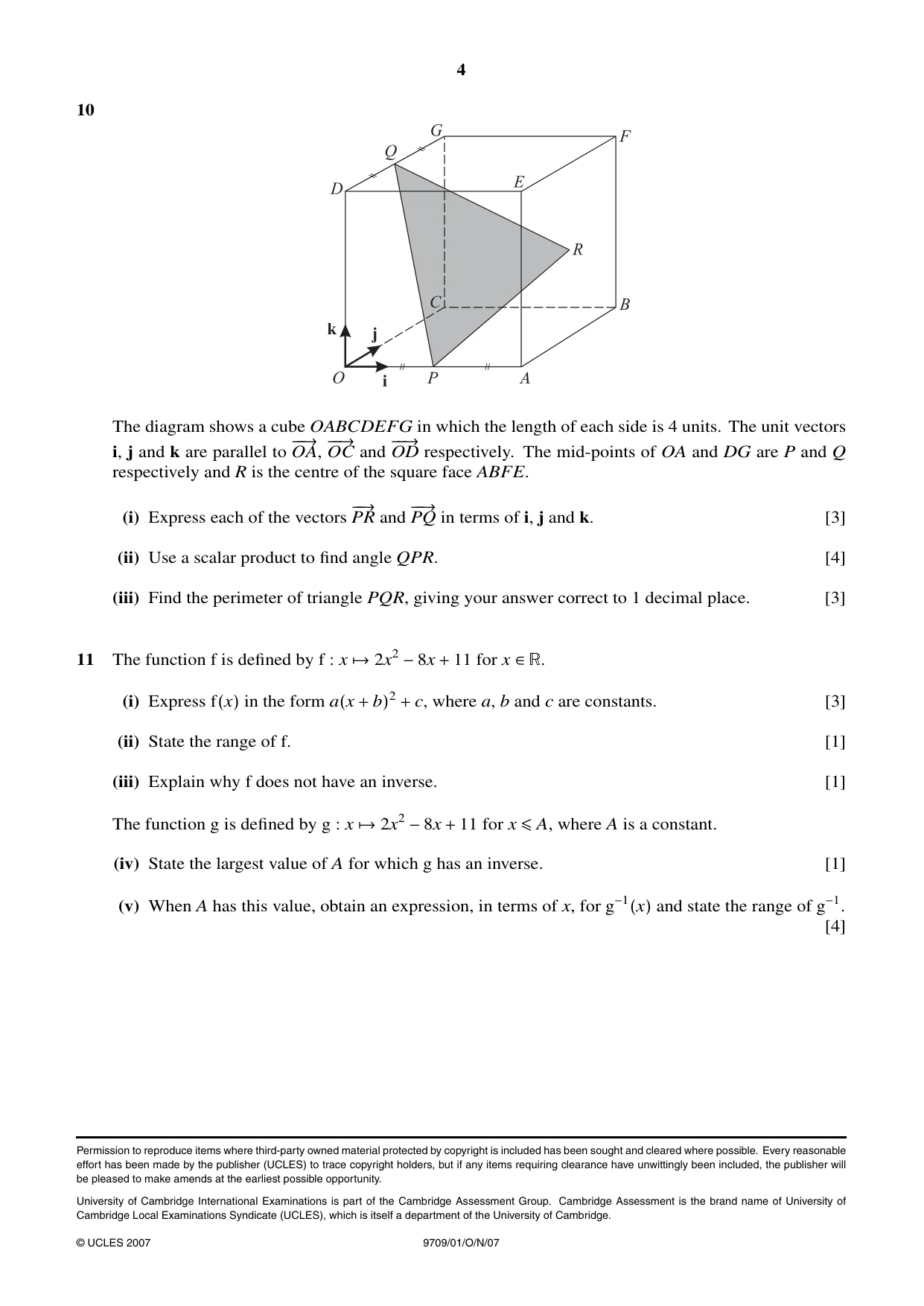 Cambridge A Level Mathematics 9709 2007 Oct/Nov Paper 1 · Variant 1 question paper, page 4 of 4