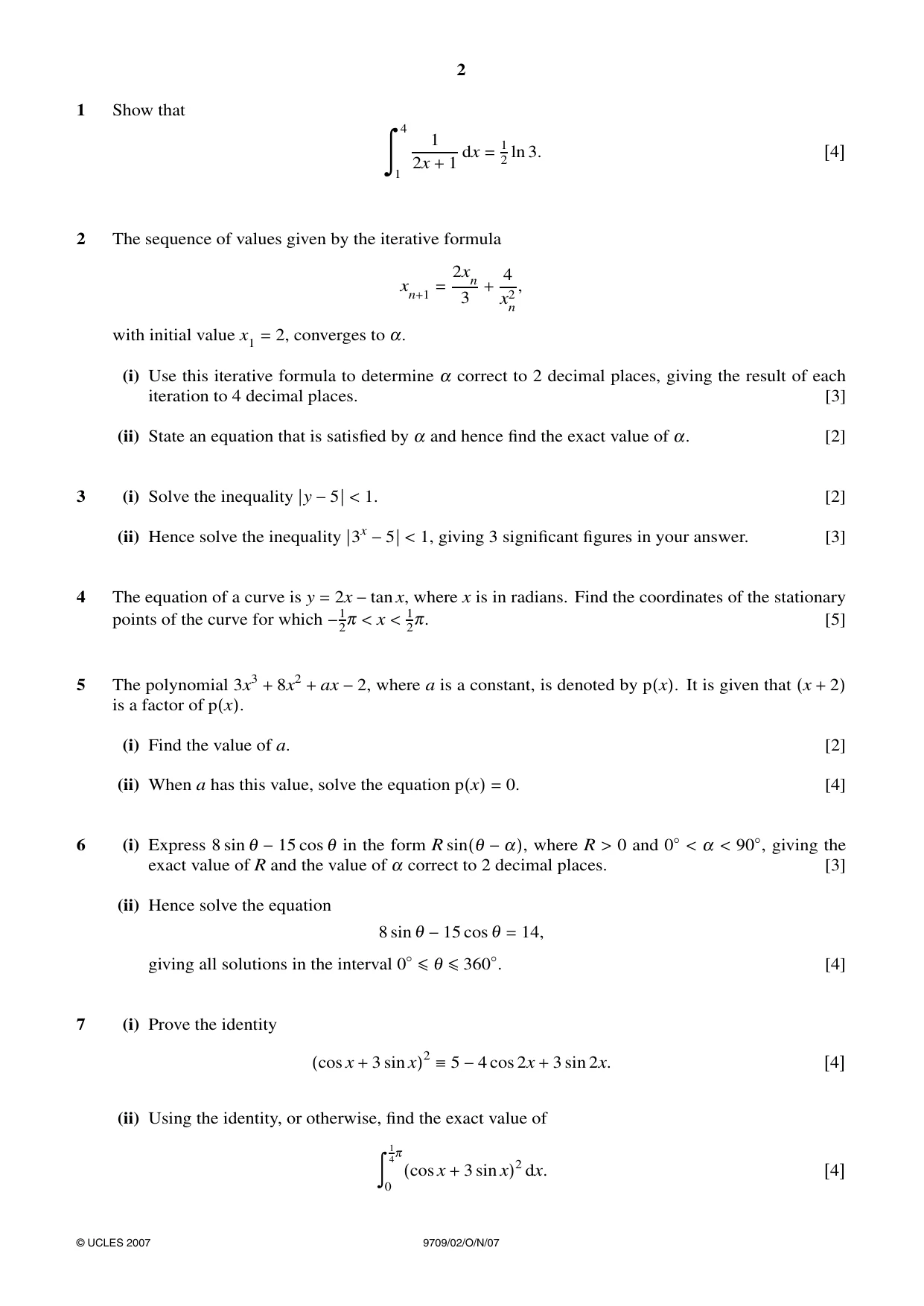 Cambridge A Level Mathematics 9709 2007 Oct/Nov Paper 2 · Variant 1 question paper, page 2 of 4