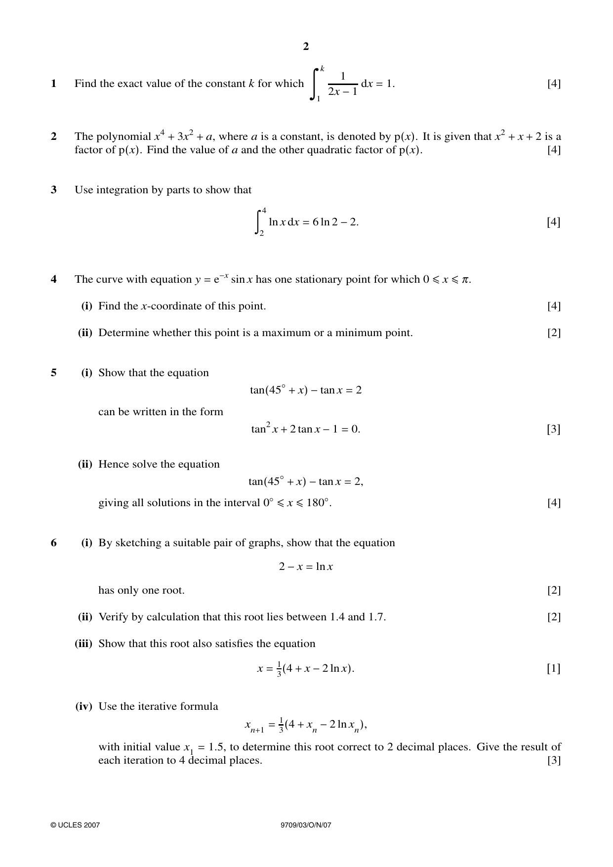 Cambridge A Level Mathematics 9709 2007 Oct/Nov Paper 3 · Variant 1 question paper, page 2 of 4