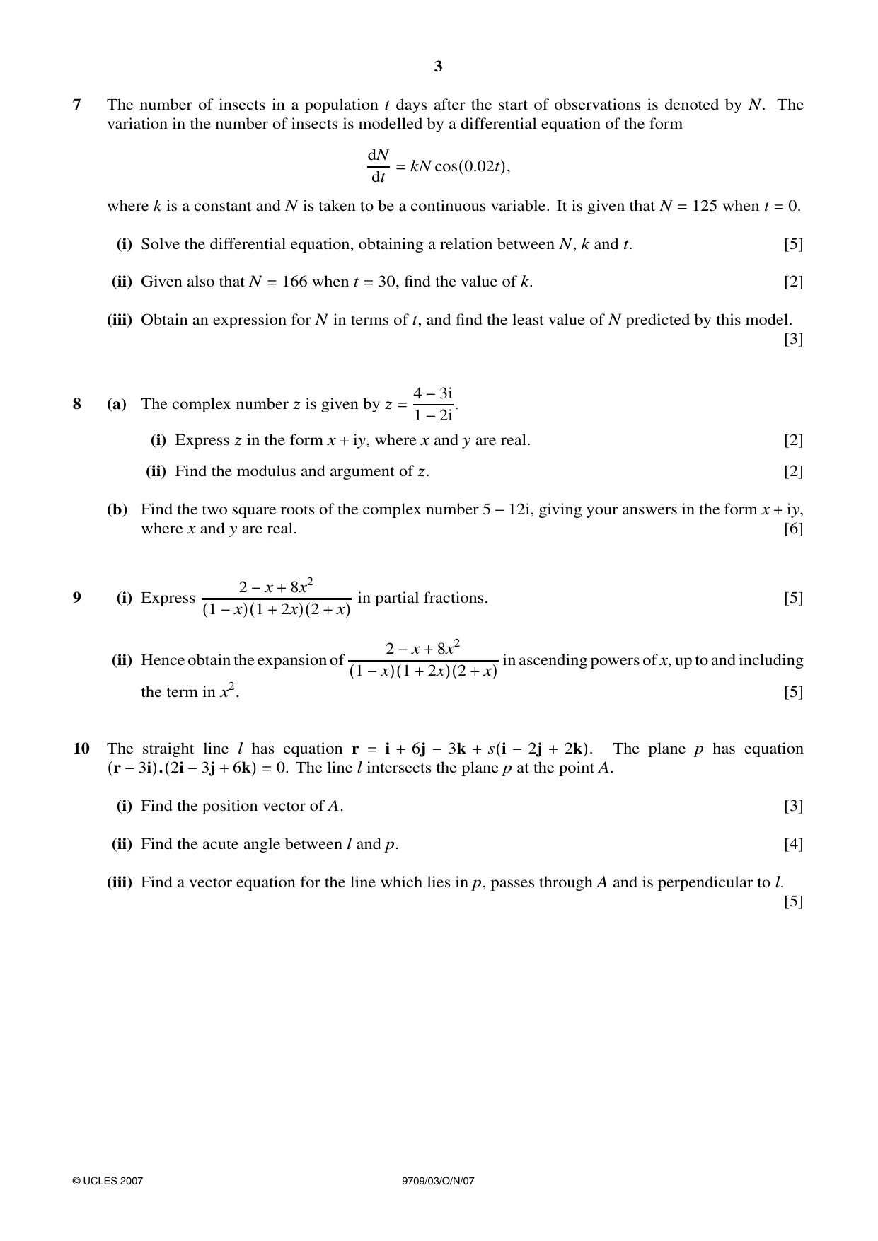 Cambridge A Level Mathematics 9709 2007 Oct/Nov Paper 3 · Variant 1 question paper, page 3 of 4