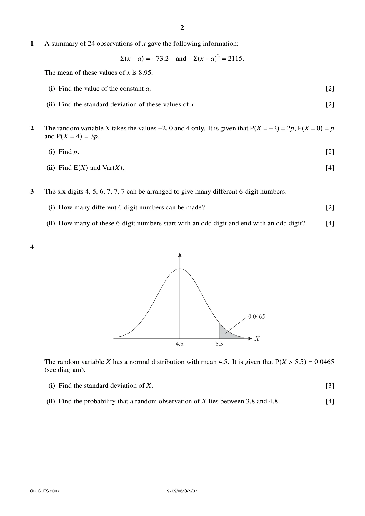 Cambridge A Level Mathematics 9709 2007 Oct/Nov Paper 6 · Variant 1 question paper, page 2 of 4