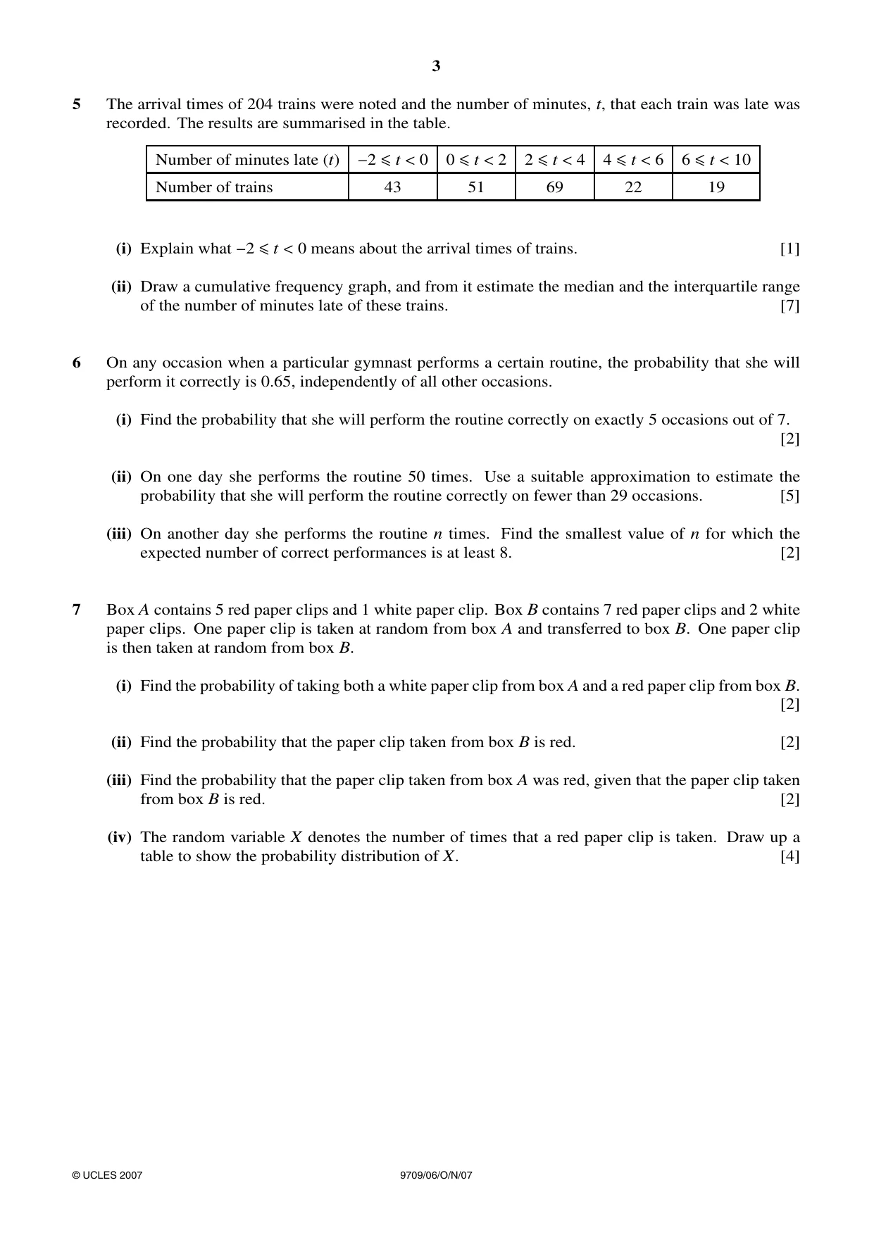 Cambridge A Level Mathematics 9709 2007 Oct/Nov Paper 6 · Variant 1 question paper, page 3 of 4