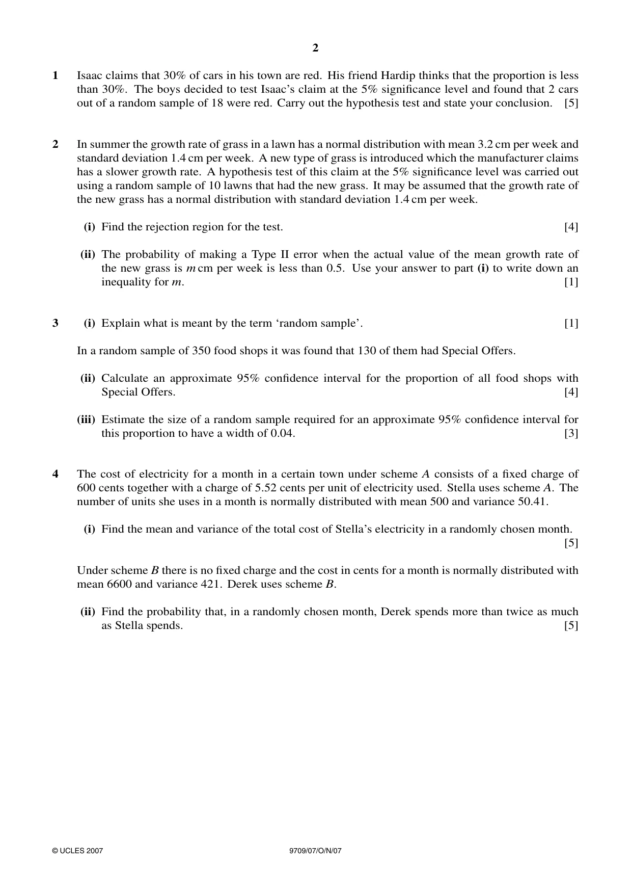 Cambridge A Level Mathematics 9709 2007 Oct/Nov Paper 7 · Variant 1 question paper, page 2 of 4