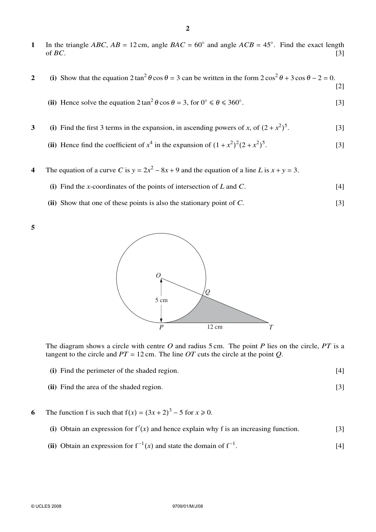 Cambridge A Level Mathematics 9709 2008 May/June Paper 1 · Variant 1 question paper, page 2 of 4