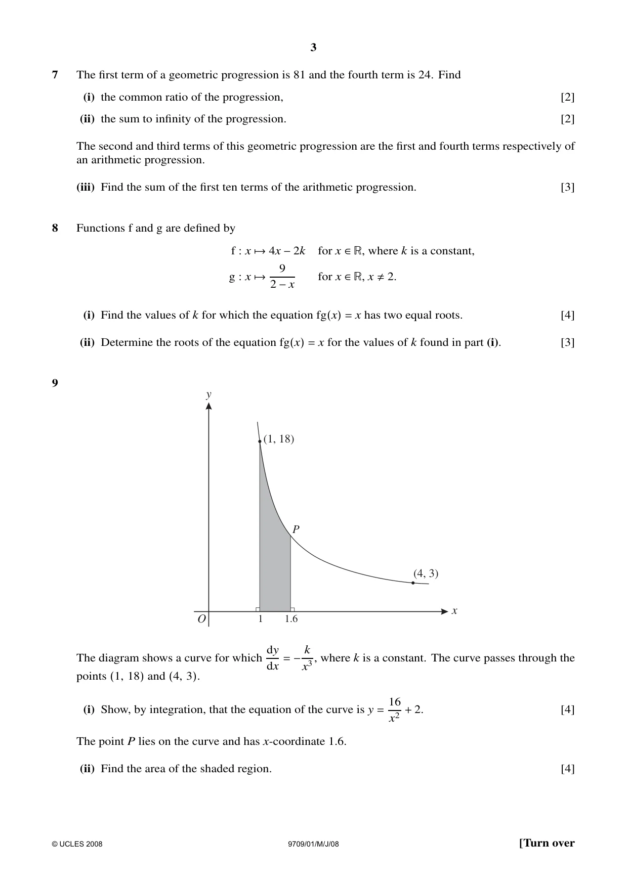 Cambridge A Level Mathematics 9709 2008 May/June Paper 1 · Variant 1 question paper, page 3 of 4