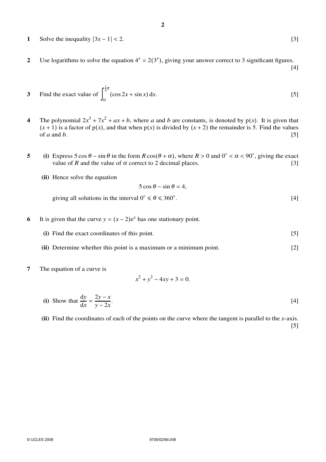 Cambridge A Level Mathematics 9709 2008 May/June Paper 2 · Variant 1 question paper, page 2 of 4
