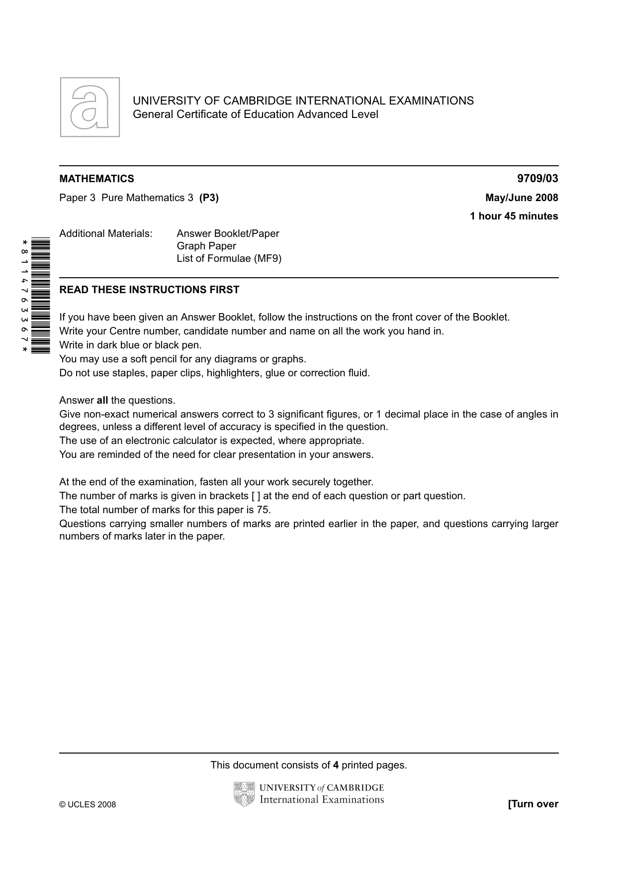 Cambridge A Level Mathematics 9709 2008 May/June Paper 3 · Variant 1 question paper, page 1 of 4