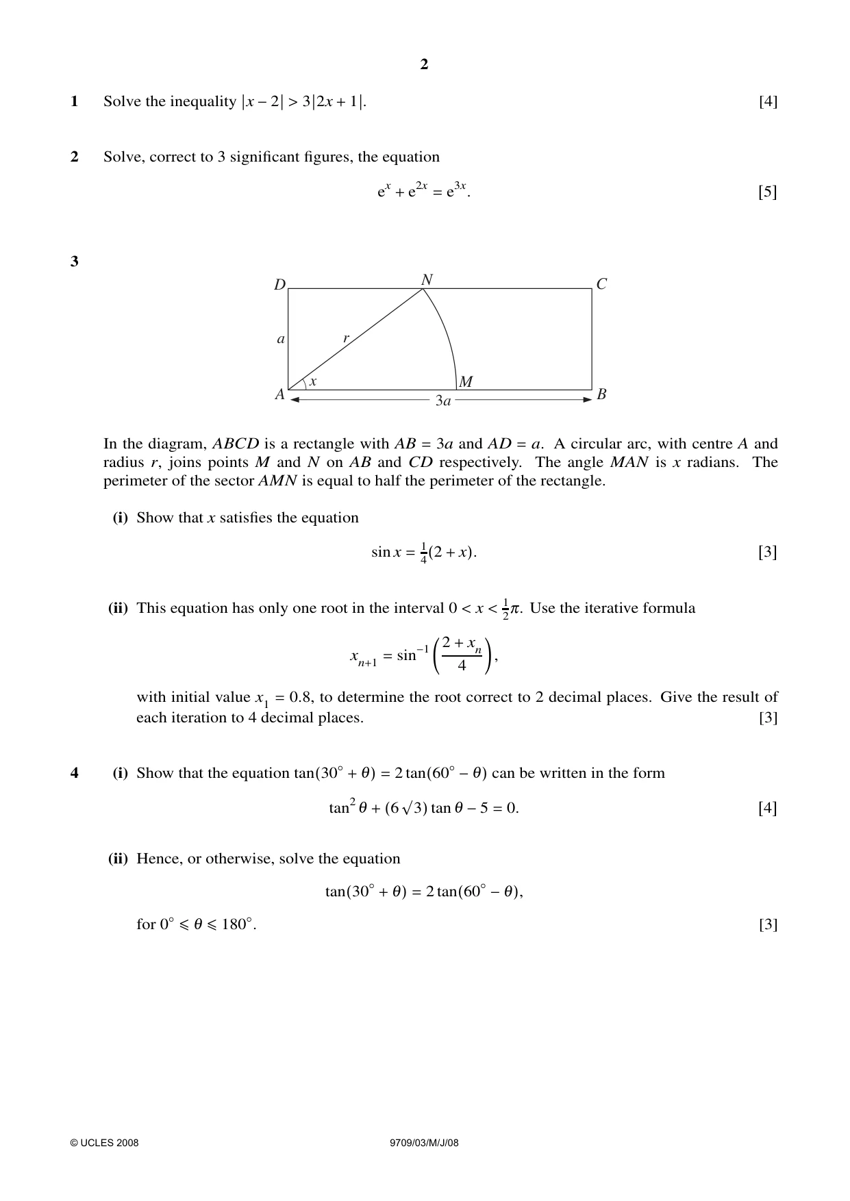 Cambridge A Level Mathematics 9709 2008 May/June Paper 3 · Variant 1 question paper, page 2 of 4