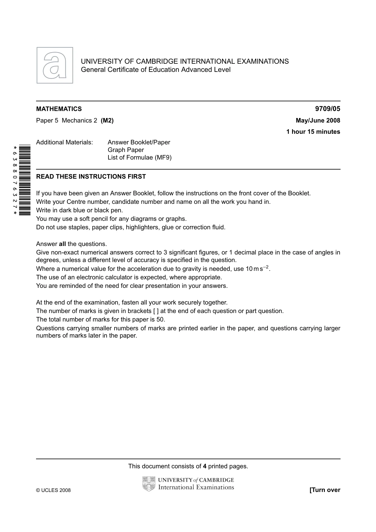 Cambridge A Level Mathematics 9709 2008 May/June Paper 5 · Variant 1 question paper, page 1 of 4