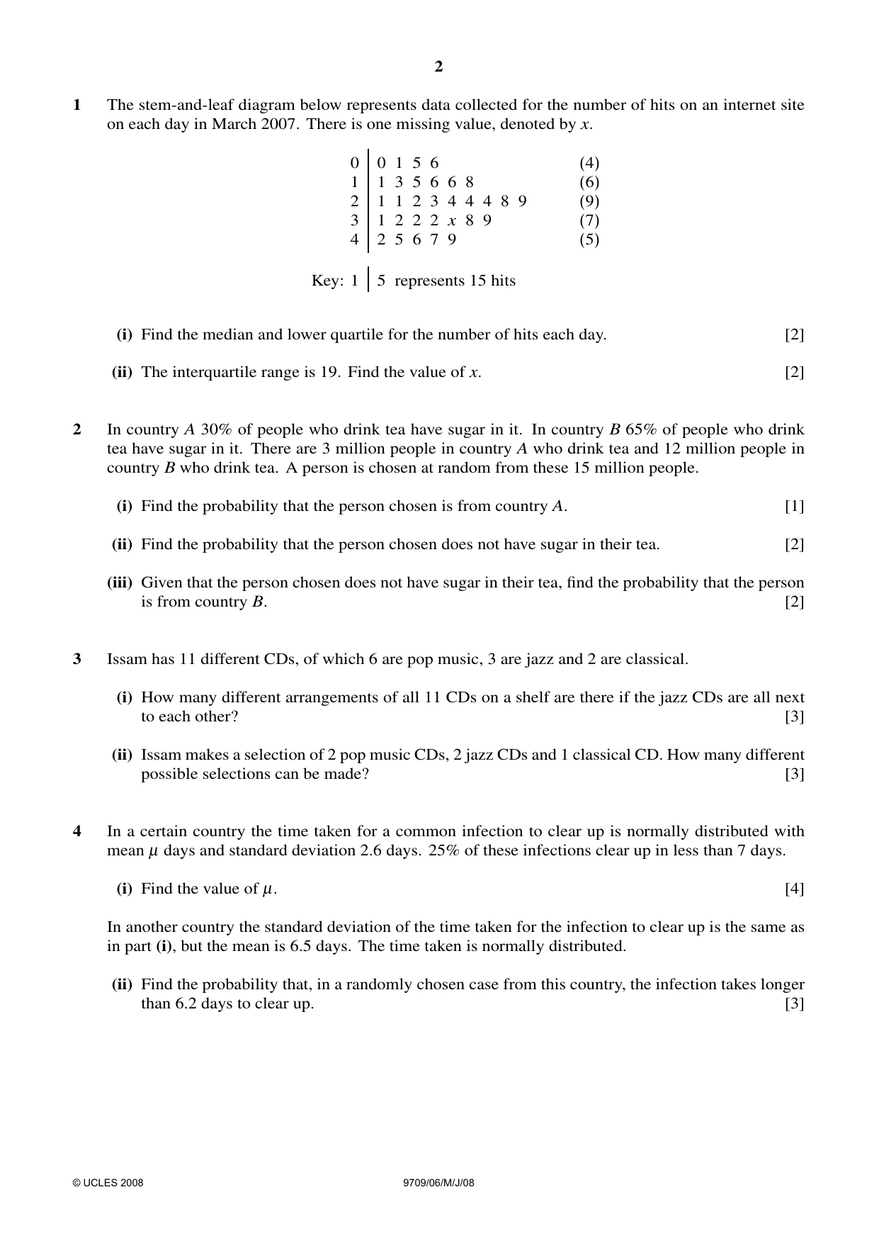 Cambridge A Level Mathematics 9709 2008 May/June Paper 6 · Variant 1 question paper, page 2 of 4
